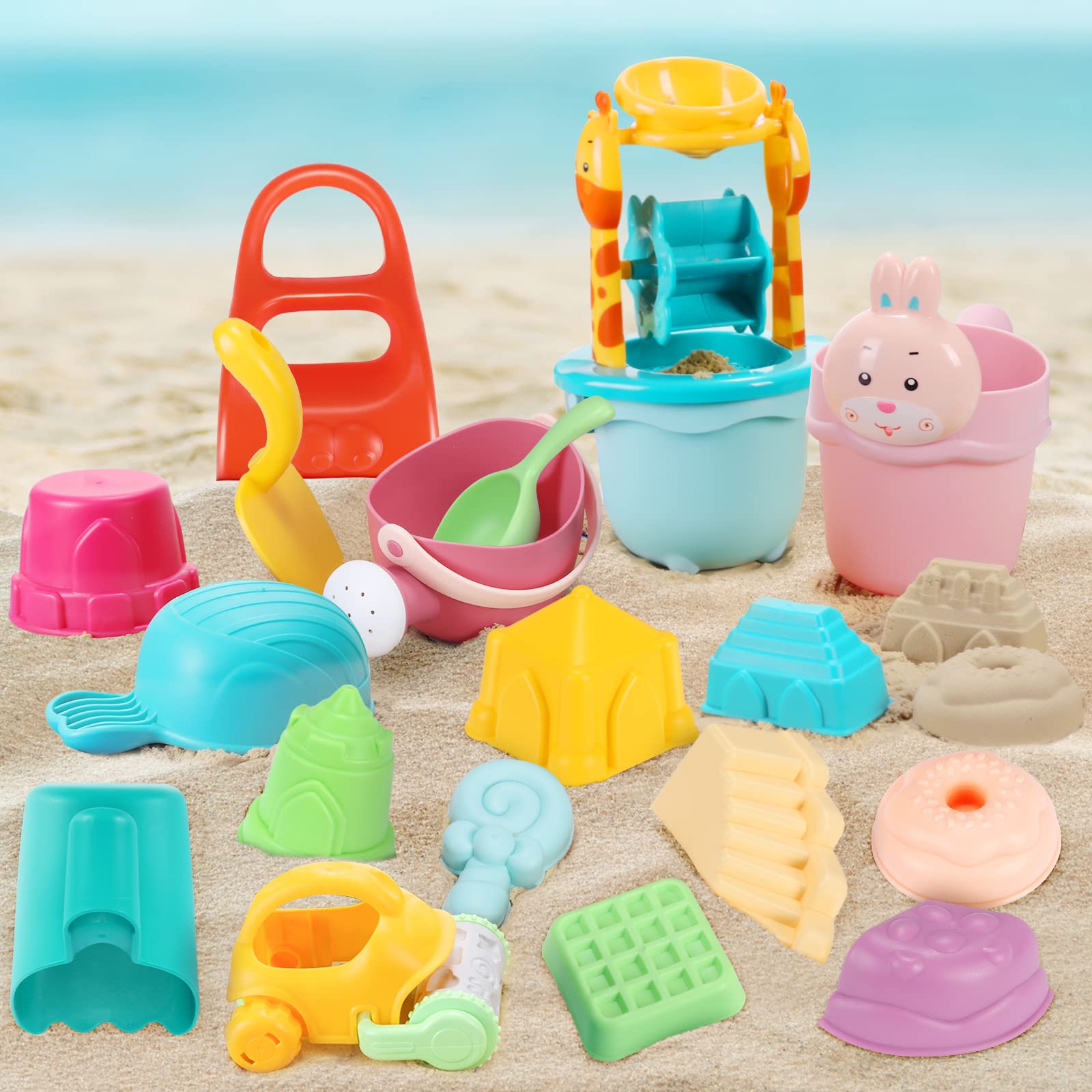 RenFox 24pcs Beach Sand Toys Set for Kids - Sand Castle Building Kit with Waterwheel, Bucket, Watering Can & Molds - Portable Mesh Bag for Travel - Perfect Outdoor Beach Games & Summer Vacation Activities for Toddlers