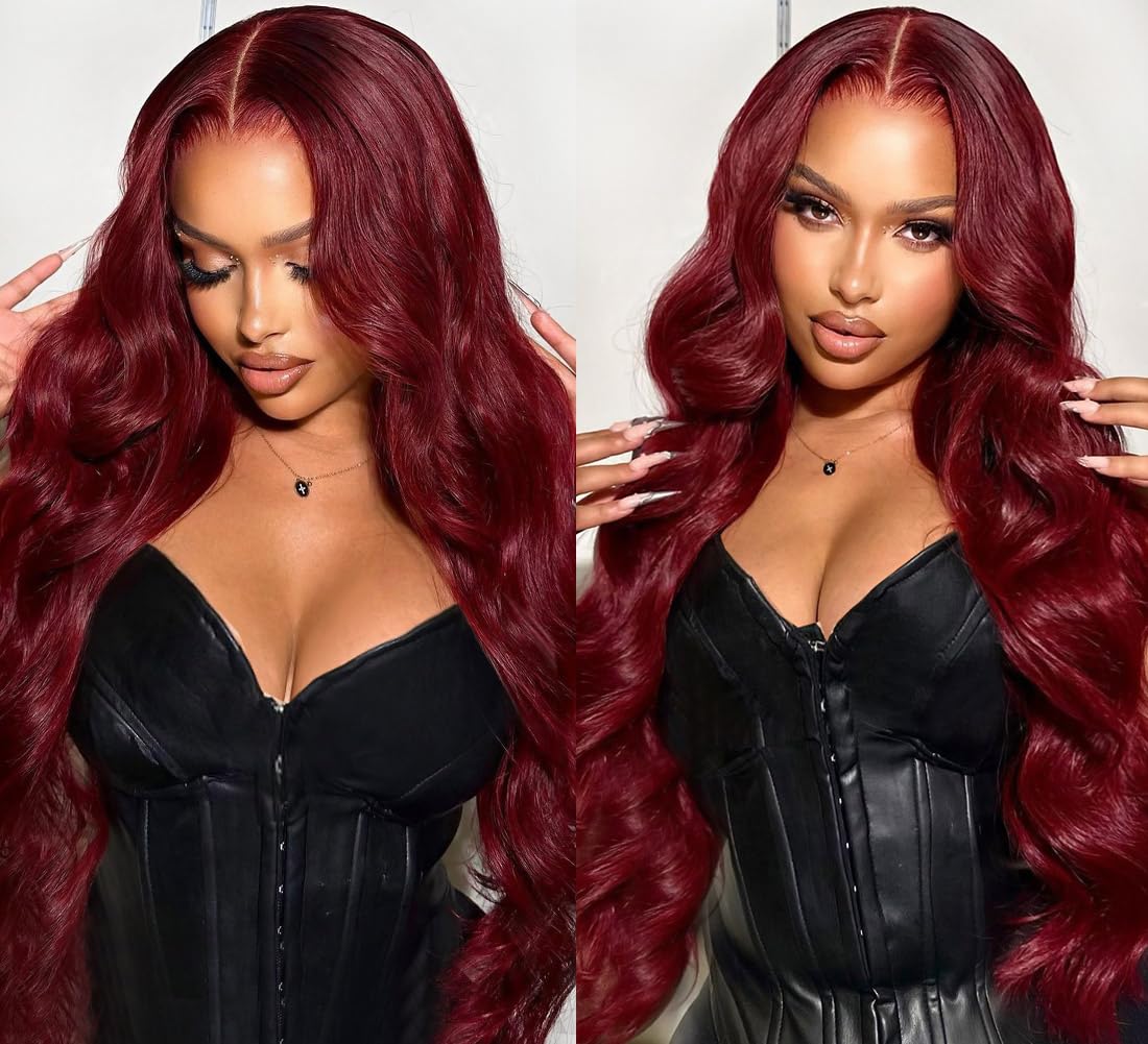 Allove 99j Burgundy 26inch Human Hair Lace Front Wig - 180% Density Pre-Plucked Body Wave with Baby Hair, 13x4 Glueless HD Transparent Frontal | Natural Look for Daily Wear, Cosplay & Special Occasions