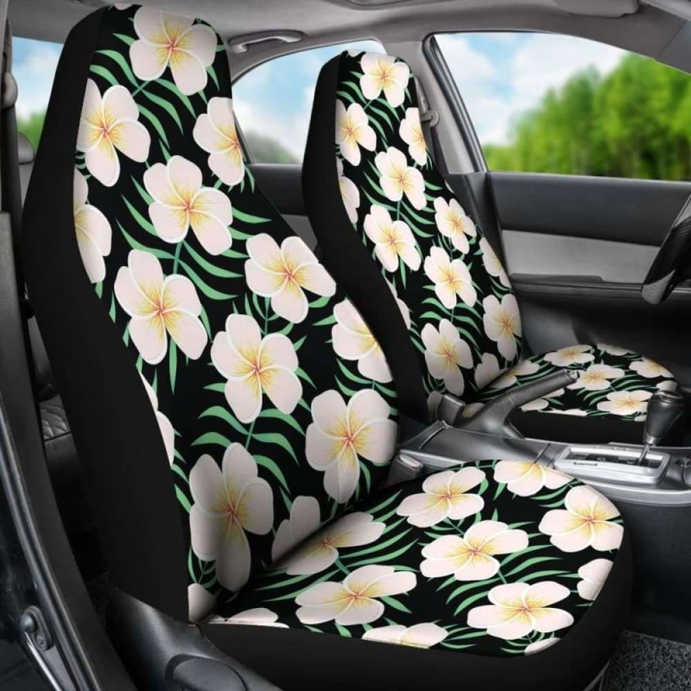 Black Hawaiian Floral Car Seat Covers with Large Plumeria Frangipani Flower Pattern - Breathable & Non-Slip Auto Accessories for SUVs, Trucks & Sedans - Tropical Island Style Interior Upgrade