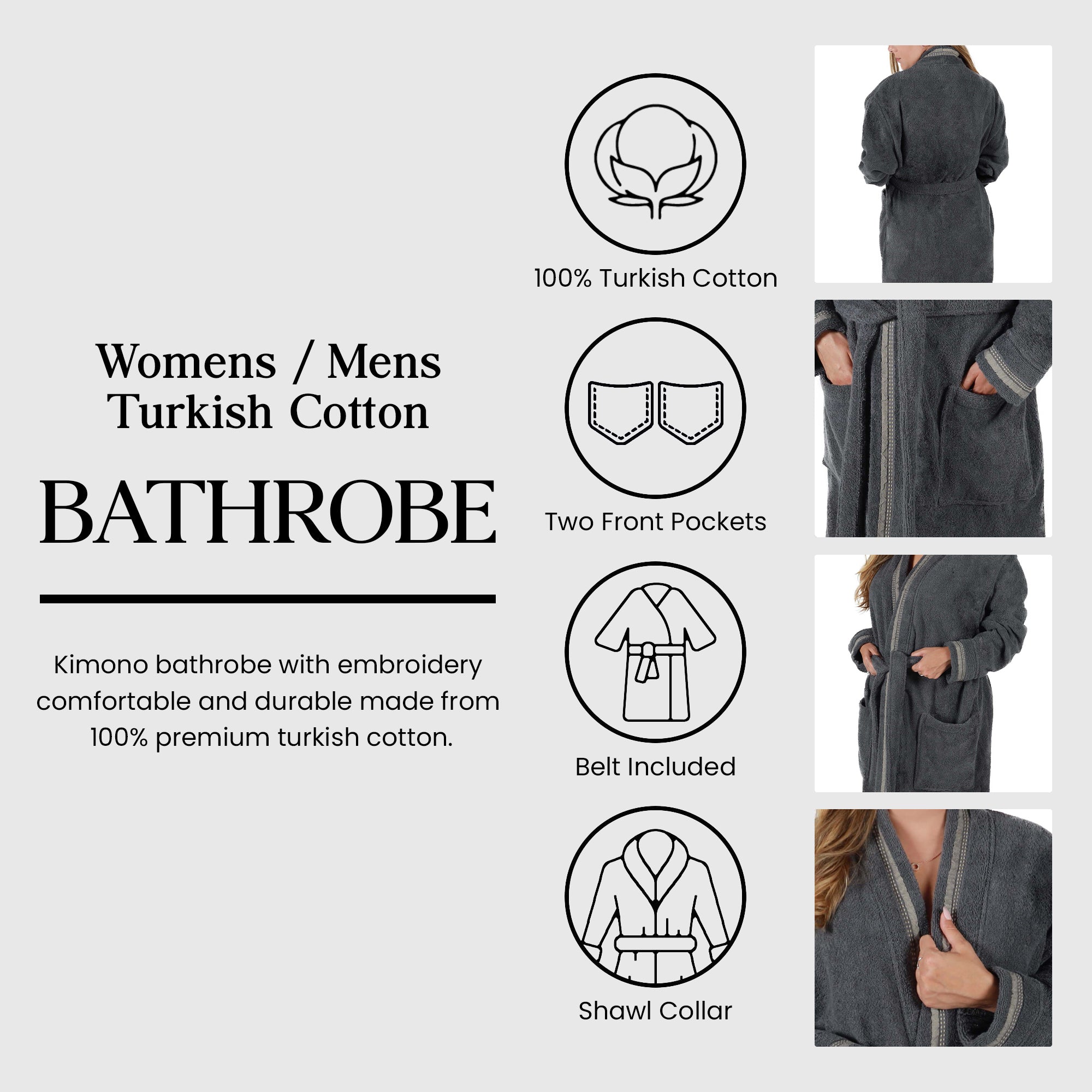 Unisex Cotton Terry Kimono Bathrobe with Embroidery - Soft & Absorbent Bath Robe for Spa, Hotel, Home Relaxation & Gift Giving