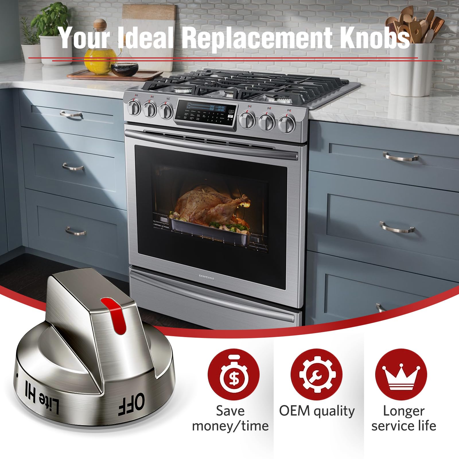 Upgraded 5-Pack Samsung Gas Range Stove Knobs Replacement - Compatible with NX58H5600SS, NX58H5650WS, NX58K7850SS Models | Durable Steel Top Burner Control Dials for Precise Temperature Adjustment | Perfect for Kitchen Stove Repair & DIY Appliance Maintenance