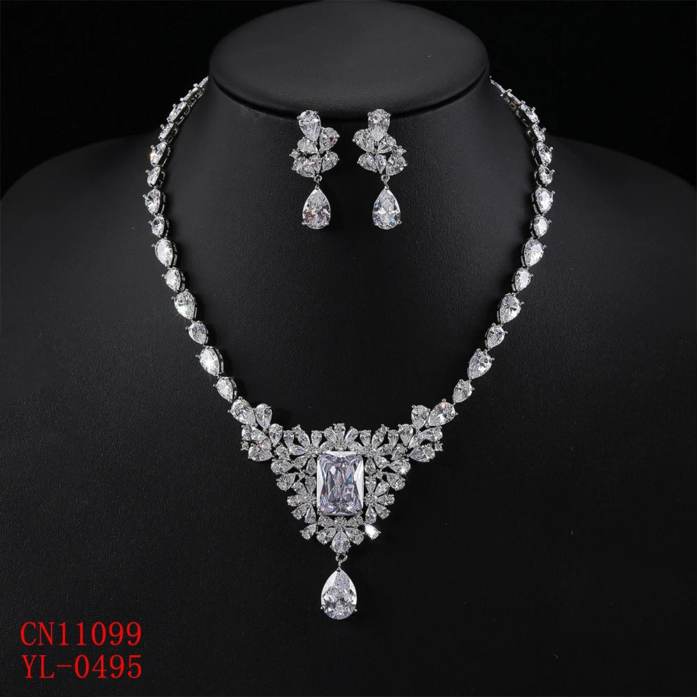 Elegant CZ Flower Pendant Necklace & Earrings Set - Cubic Zirconia Bridal Jewelry for Women - Perfect Wedding Gift (CN11099) - Ideal for Bridal Showers, Weddings, Anniversaries and Special Occasions