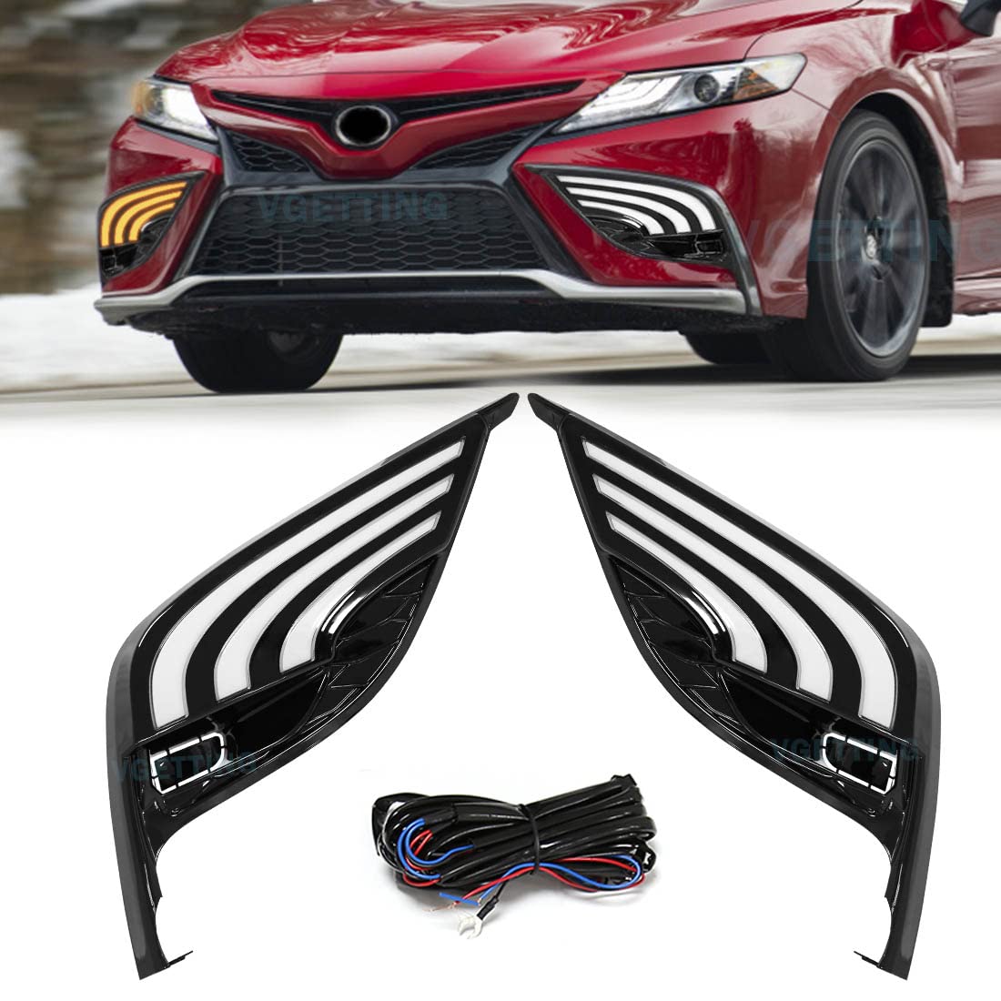 VGETTING Daytime Running Lights (DRL) for Toyota Camry 2021-2022 - Tri-Color LED Fog Lights with Turn Signal Function - Compatible with Camry SE/XSE Models - Includes Bezel & Wiring Harness - Perfect for Enhanced Visibility & Style Upgrade
