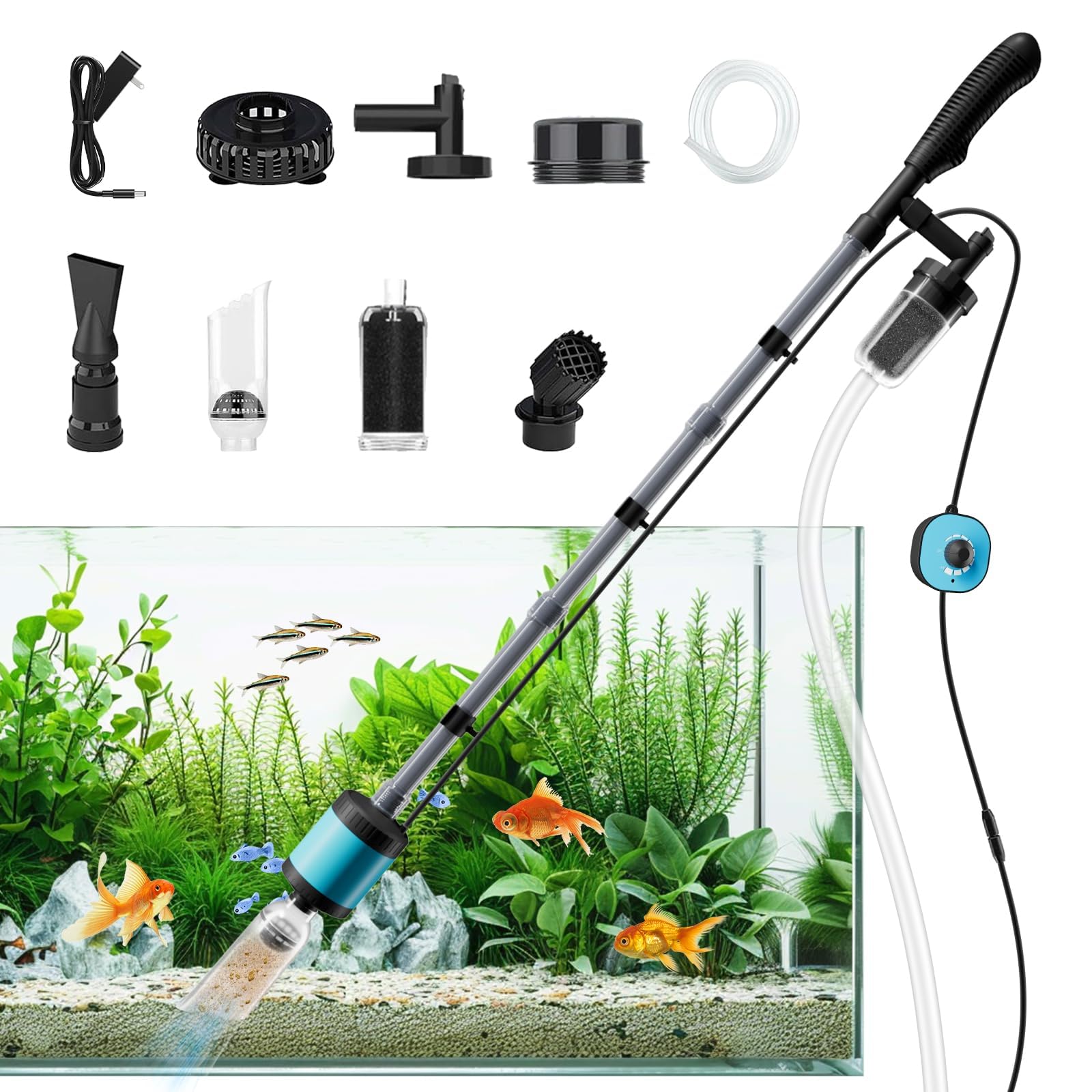 12V Electric Gravel Vacuum for Aquarium - Upgraded Variable Frequency Motor | 6-in-1 Versatile Siphon Pump for Fish Tank Cleaning | 729GPH (3000L/H) Powerful Water Changer | Perfect for Freshwater & Saltwater Tank Maintenance
