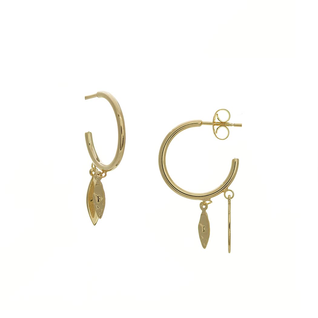 14K Yellow Gold Mini Hoop Marquis Drop Earrings - High Polish Hammered Dangle Earrings for Women | Elegant Jewelry Gift for Birthday, Anniversary & Special Occasions