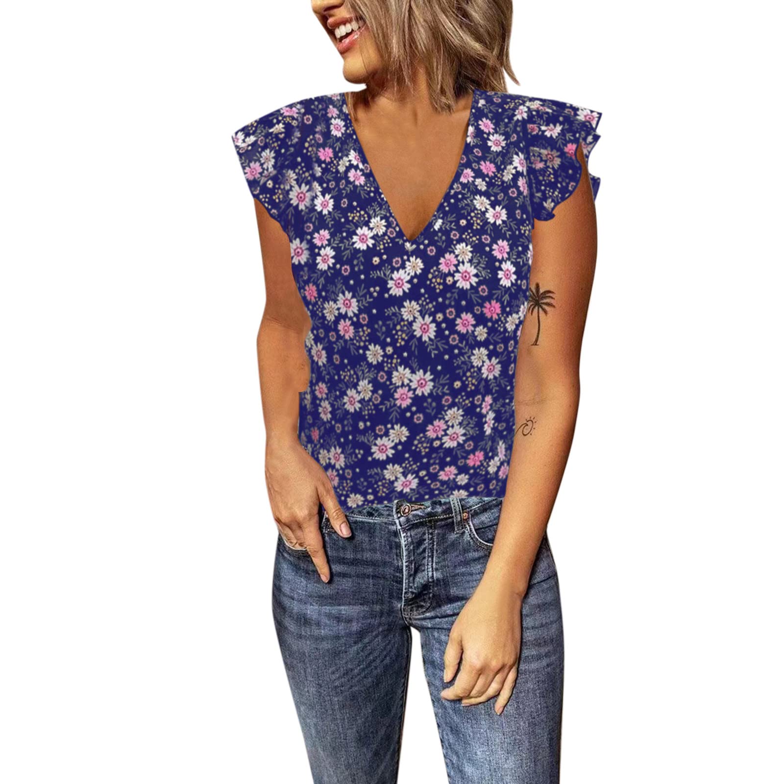 Women's Floral Print Ruffle Sleeveless V-Neck Casual Vest Top - Summer Outdoor Wear, Beach Cover Up, Party Outfit & Everyday Fashion