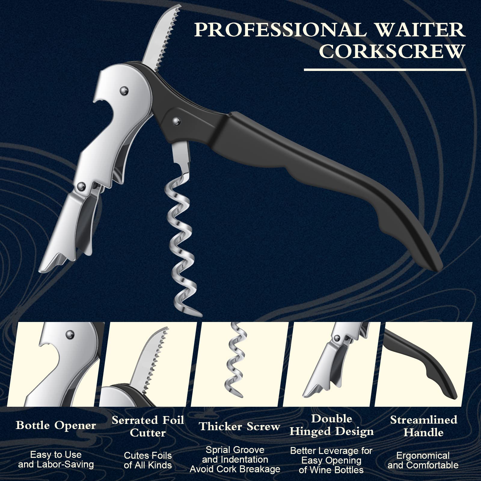 Heavy Duty Waiter's Corkscrew Wine Opener - Double Hinged Design with Foil Cutter - Professional Wine Key Bottle Opener for Bartenders, Servers & Sommeliers - Perfect for Restaurants, Bars & Home Wine Tasting (Black, 60)