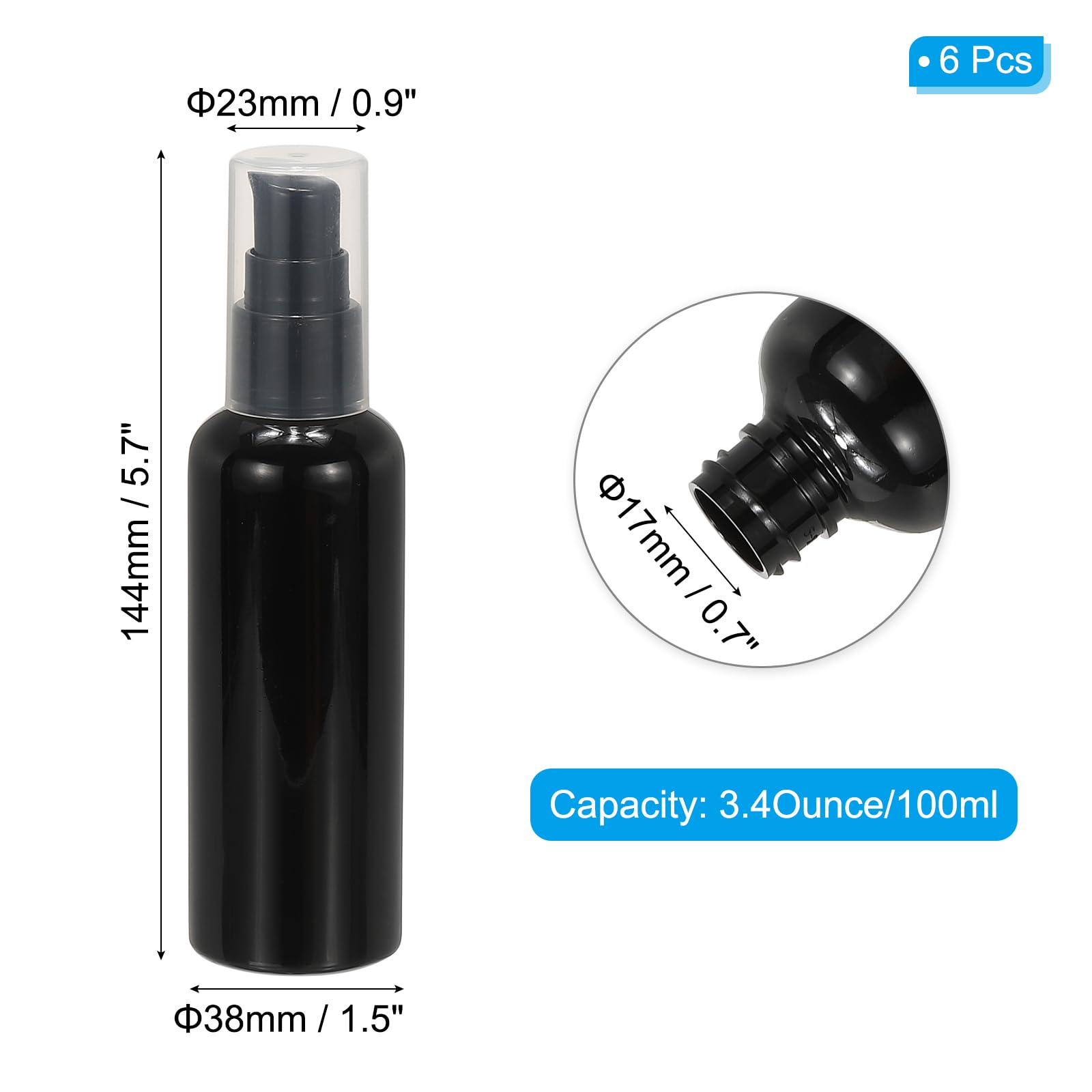 6-Pack PATIKIL 3.4oz (100ml) Leak-Proof Travel Pump Bottles - Refillable Squeeze Dispenser for Shampoo, Lotion & Toiletries | Perfect for Air Travel, Gym Bag & Vacation Essentials (Black)