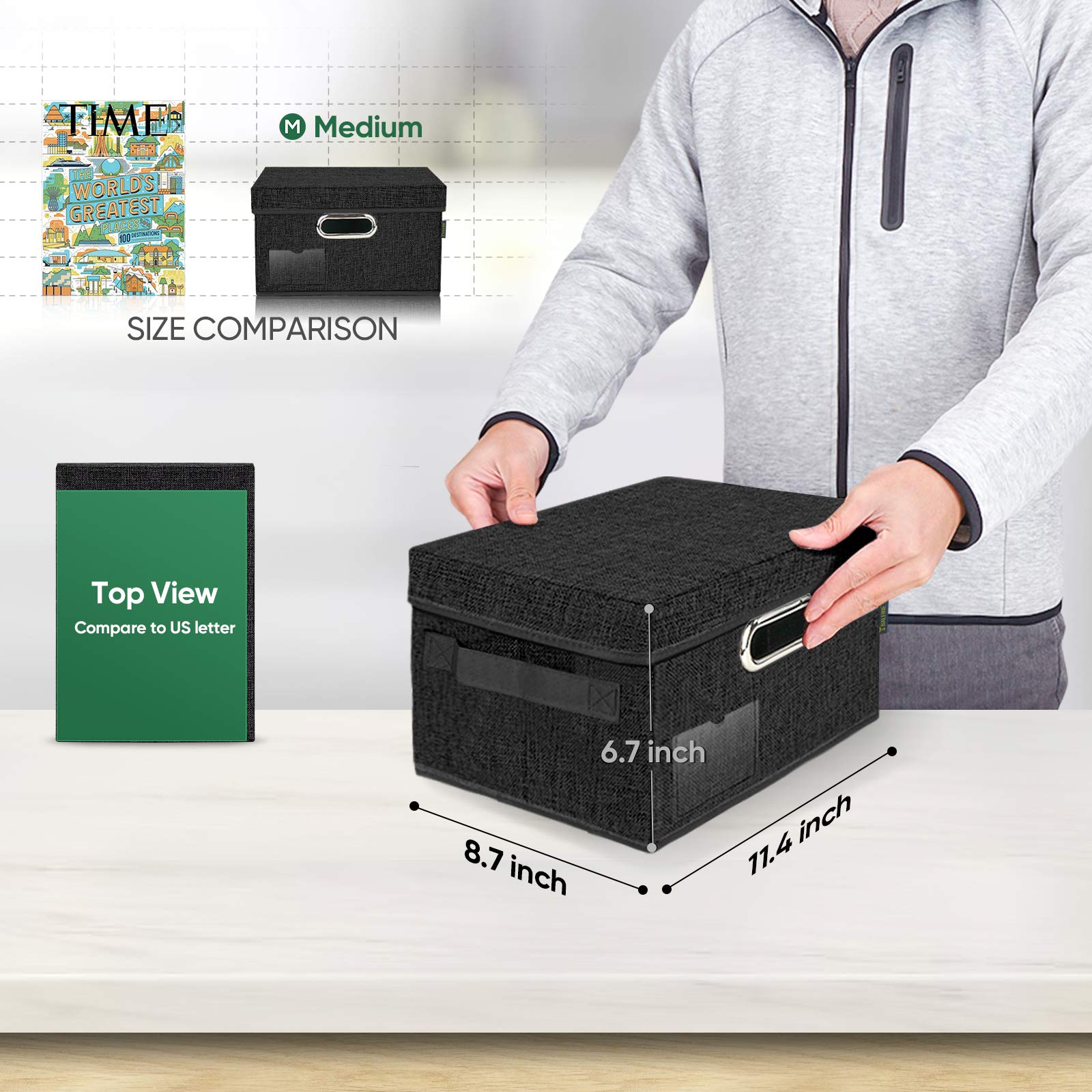 BALEINE Foldable Fabric Storage Bins with Lids - 5 Pack Medium Black Collapsible Closet Organizers for Bedroom, Office & Home Organization - Perfect for Clothes, Toys, Blankets & Seasonal Storage