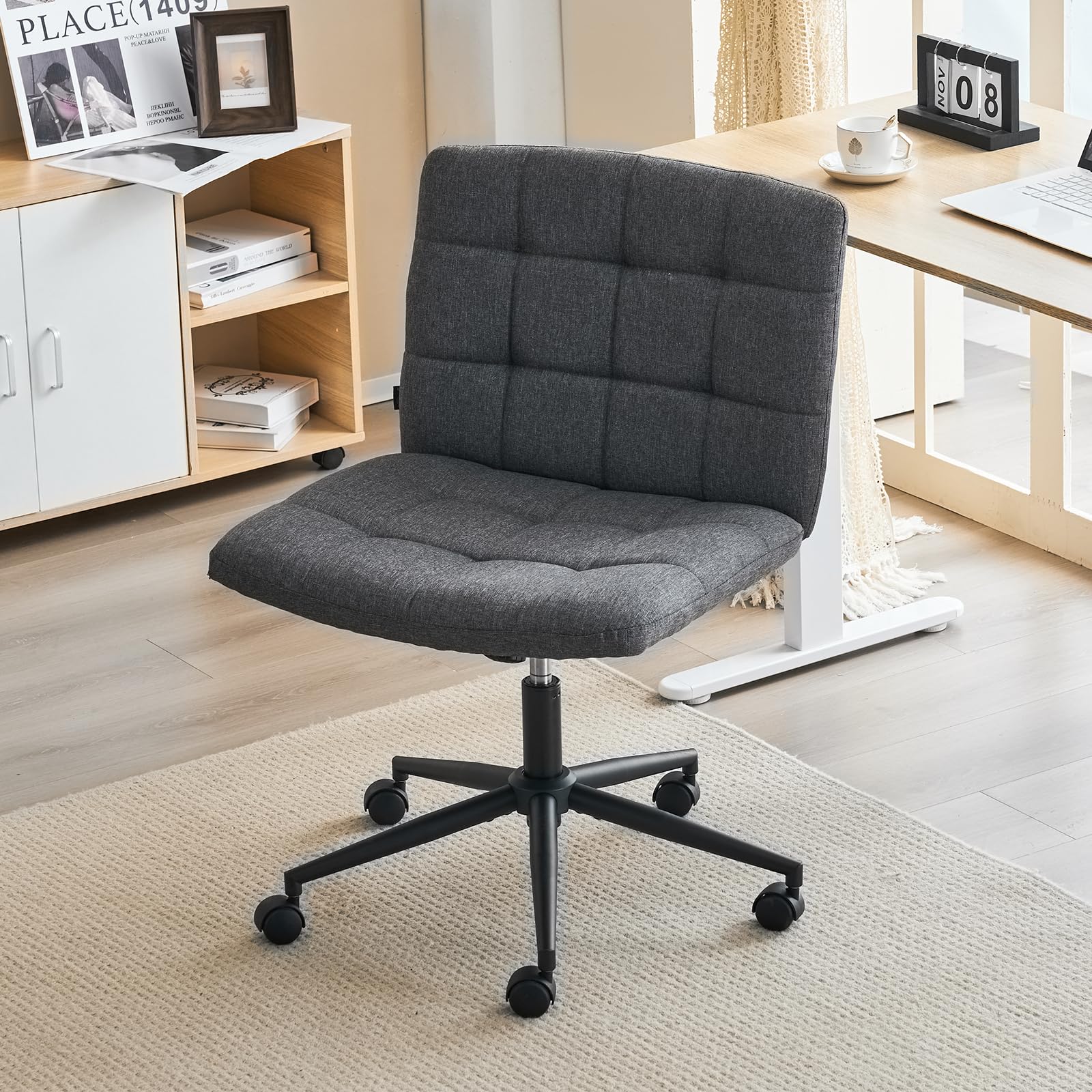 Furnimart Swivel Criss Cross Legged Office Chair with Wheels - Height Adjustable Armless Desk Chair for Home Office, Bedroom & Vanity - Comfortable Ergonomic Seat for Working, Studying & Relaxing - Grey Modern Design