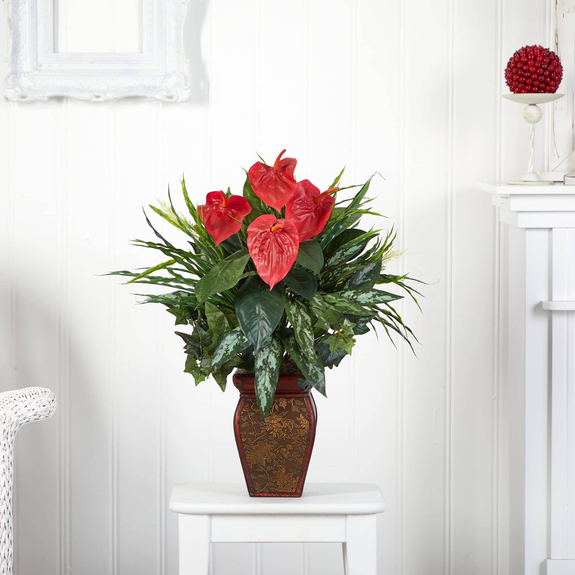 Nearly Natural Mixed Greens & Anthurium Artificial Silk Plant in Decorative Vase - Perfect for Home Office Decor, Wedding Centerpieces & Indoor Greenery