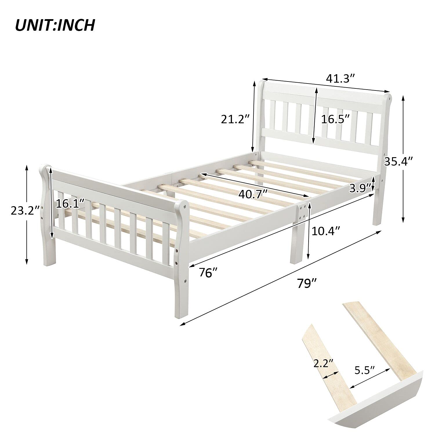 SOFTSEA Twin Size Wooden Platform Bed Frame with Headboard & Footboard - Sturdy Wood Slat Support - White - Perfect for Kids' Rooms, Guest Bedrooms & Small Spaces