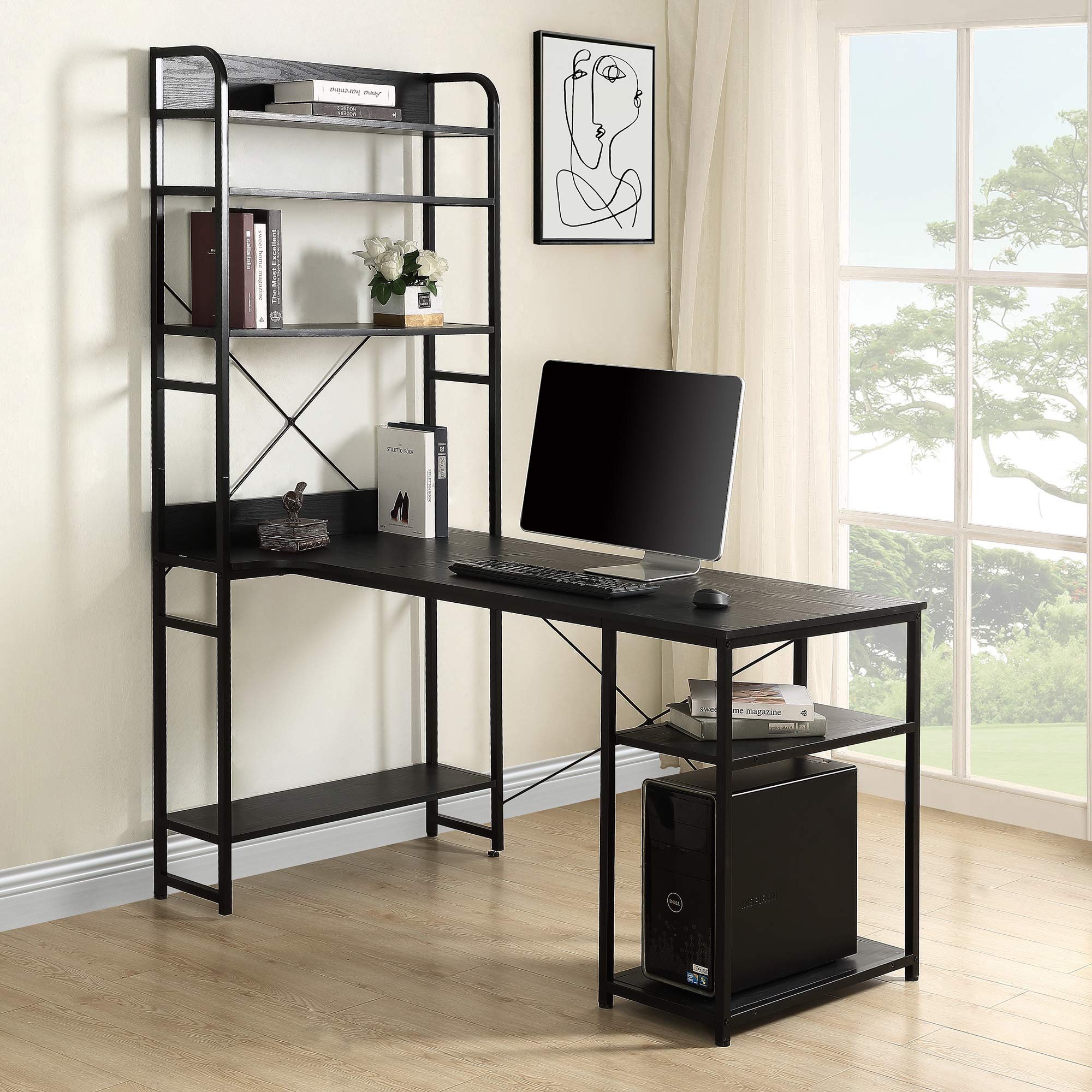 Modern L-Shaped Corner Desk with Bookshelf - 2-Piece Home Office Computer Desk Set with Storage Shelves, Black - Perfect for Small Spaces & Gaming Setup