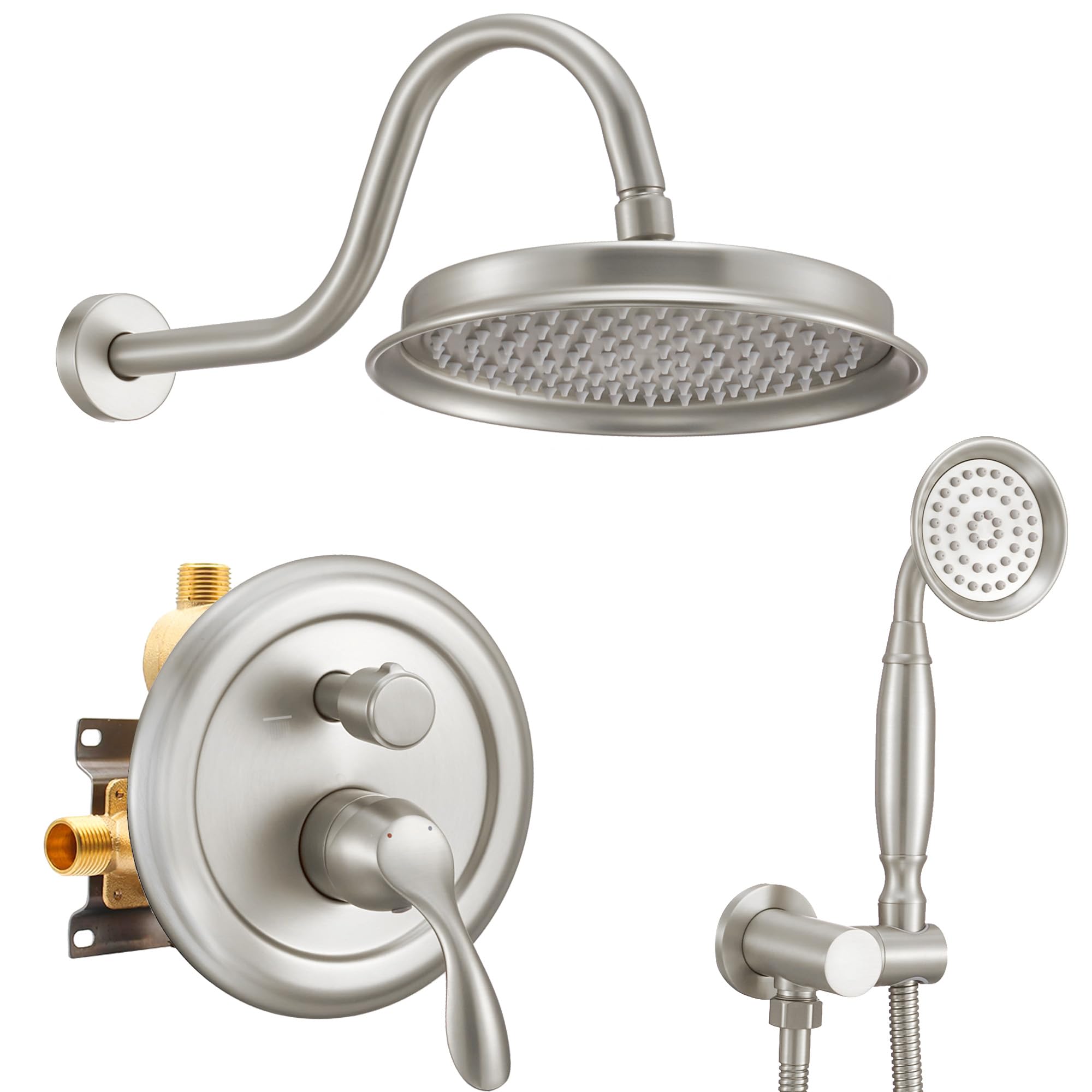 DASAN Brushed Nickel Rain Shower System Complete Set - Antique Shower Faucet with Pressure Balance Valve, 9’’ Rainfall Showerhead & Handheld Sprayer, AT209W-BN - Perfect for Bathroom Remodeling & Spa-Like Shower Experience
