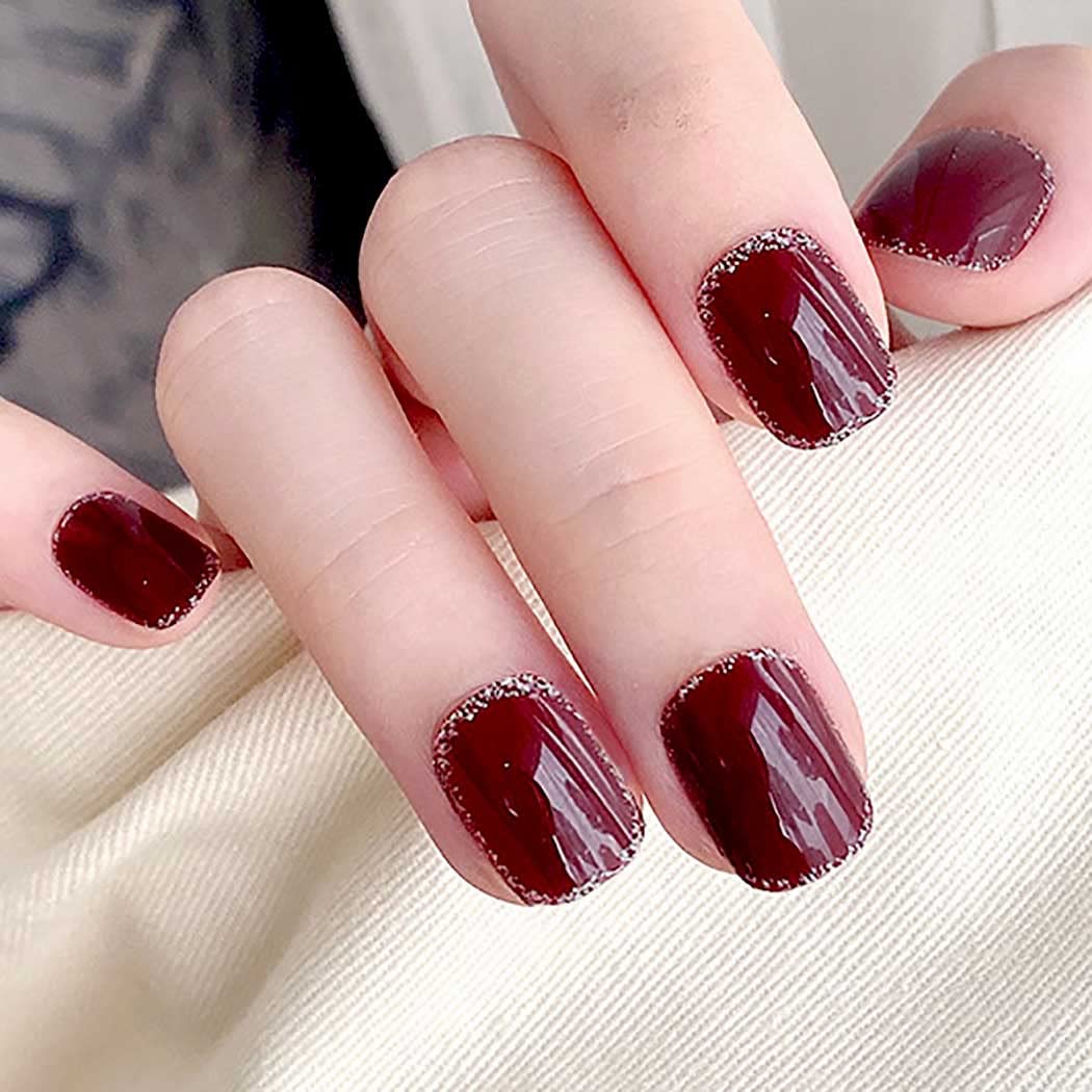 Short Press On Nails Red Square Fake Nails with Glitter & Glossy Finish - Shimmer Acrylic Artificial Nails for Women & Girls (24Pcs) - Perfect for Daily Wear, Parties, and Special Occasions