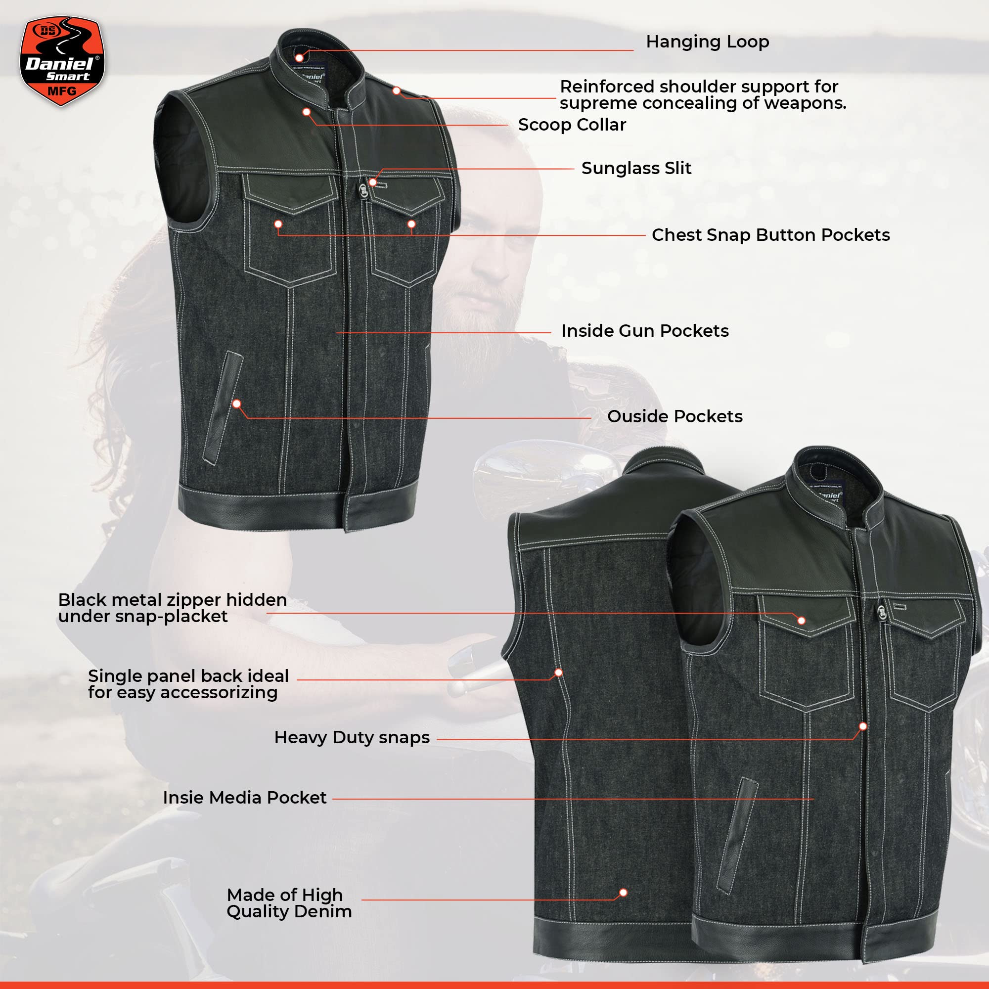Daniel Smart Biker Vest for Men - Black Denim Motorcycle Vest with Leather Trim & Hidden Weapon Pocket | Riding Gear for Harley Davidson & Cruiser Bikes | Outdoor Adventure & Urban Style