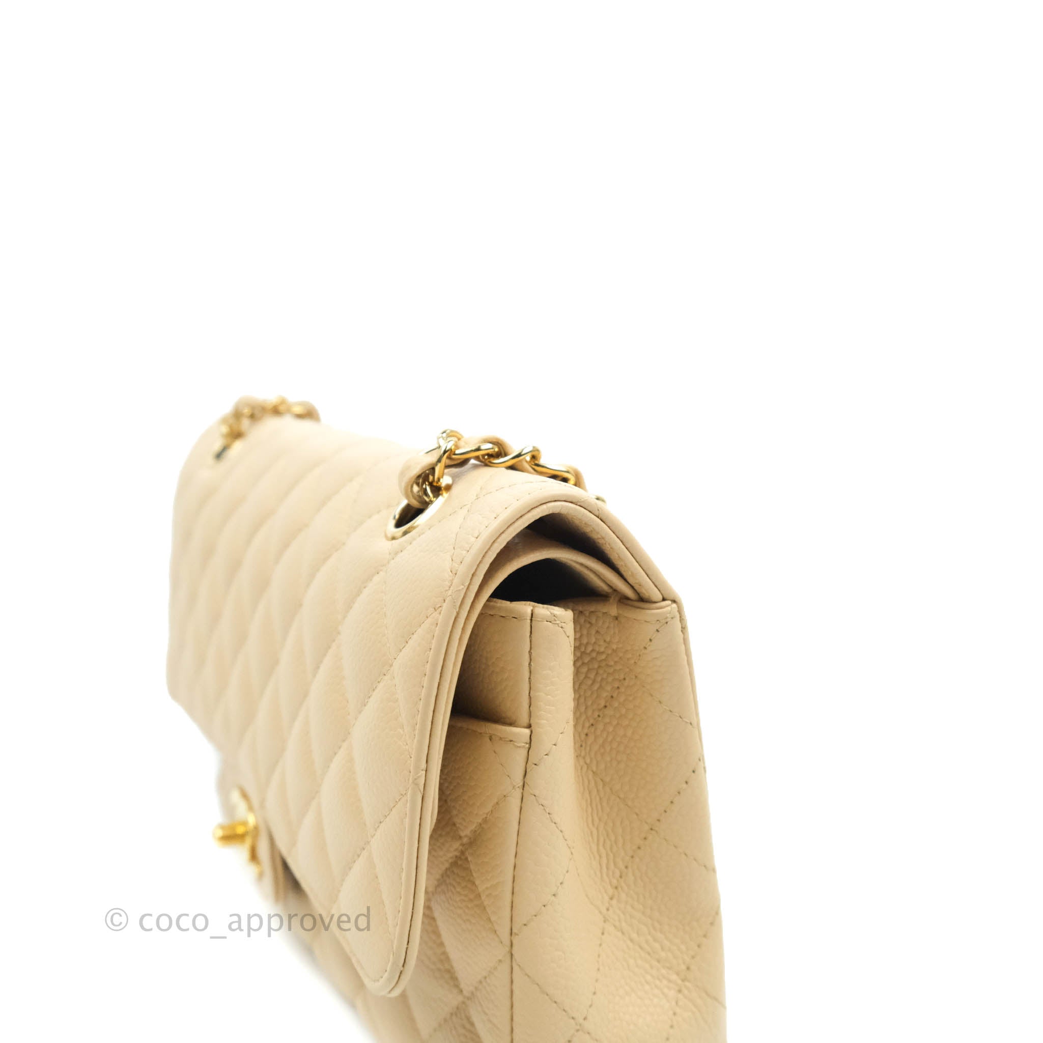 Chanel Classic Medium Double Flap Bag in Beige Caviar Leather with Gold Hardware - Luxury Designer Handbag for Women, Perfect for Work, Evening Events & Special Occasions