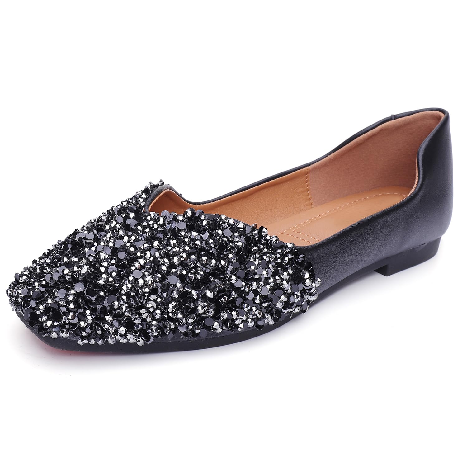 Women's Rhinestone Square Toe Ballet Flats - Comfortable Slip On Low Heel Dress Shoes for Wedding, Party & Formal Occasions