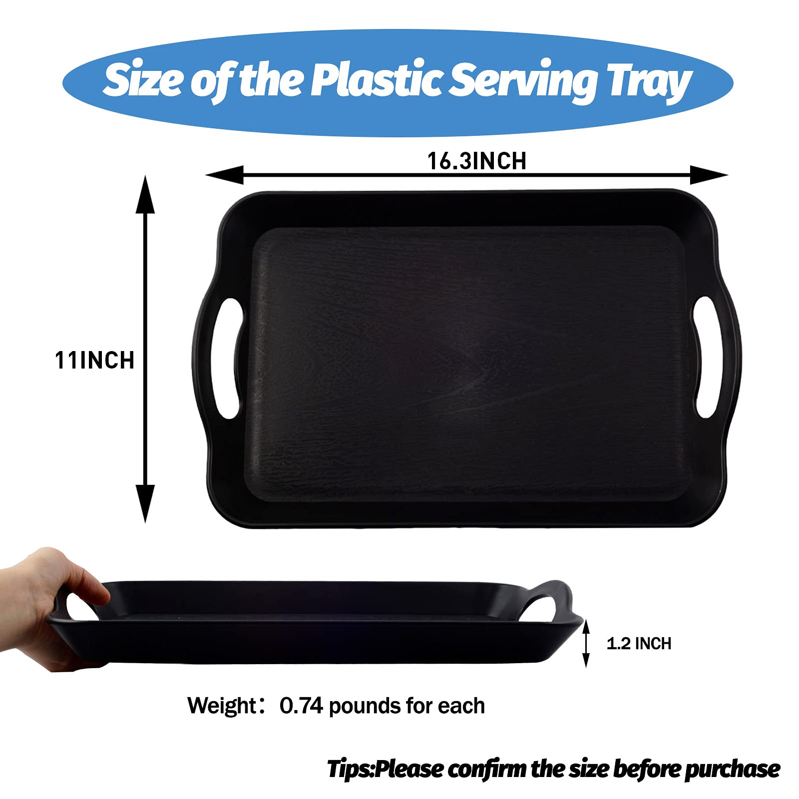 LEEHOWA 3 Pack 16 Inch Plastic Serving Trays with Handles - Non-Slip, Waterproof Rectangle Food Trays for Breakfast, Restaurants & Catering (Black Wood Grain) - Perfect for Home Dining, Buffet Service & Party Serving