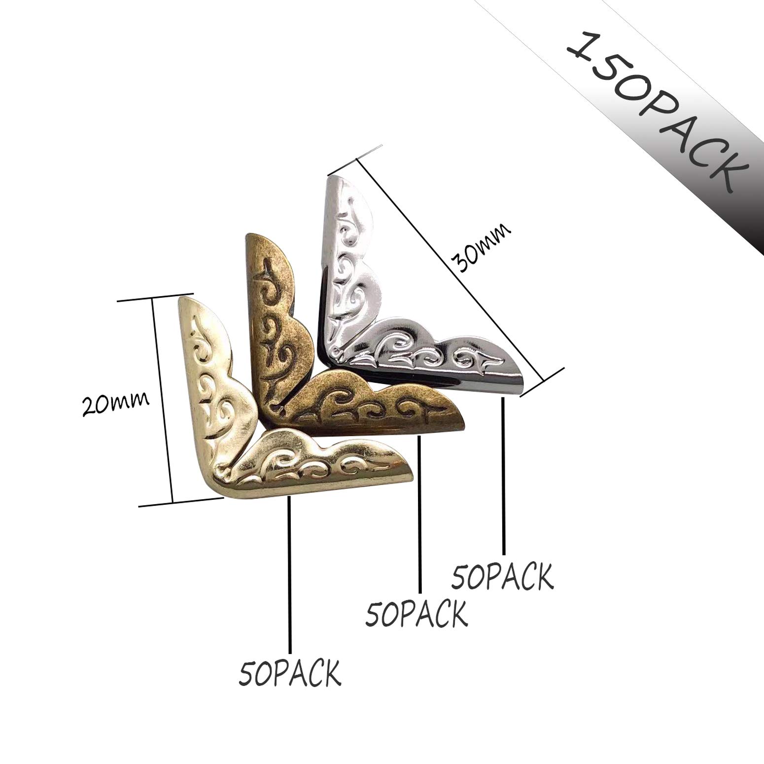 150PCS Metal Book Corner Protectors - Gold, Silver & Bronze (50PCS Each) - Scrapbook Album, Menu Folder Edge Guards for Home, Office & School Use