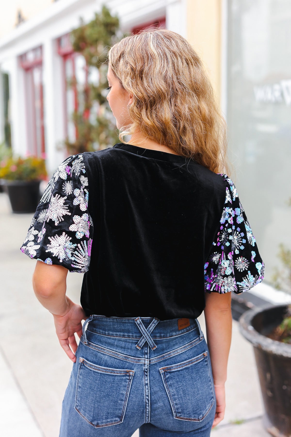 Glamorous Black Floral Sequin Puff Sleeve Velvet Top for Women | Elegant Party Blouse | Perfect for Evening Events, Date Nights & Special Occasions