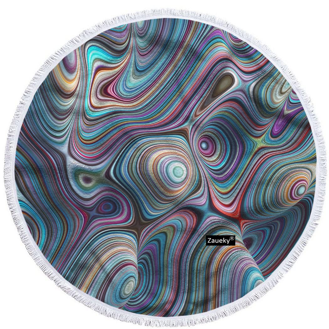 Zaueky 3D Wavy Lines Round Beach Towel - Large 63 Inch Microfiber Blanket with Vivid Blobs & Bubbles Design, Soft Absorbent for Beach, Picnic, Yoga - Perfect for Poolside Lounging and Outdoor Activities