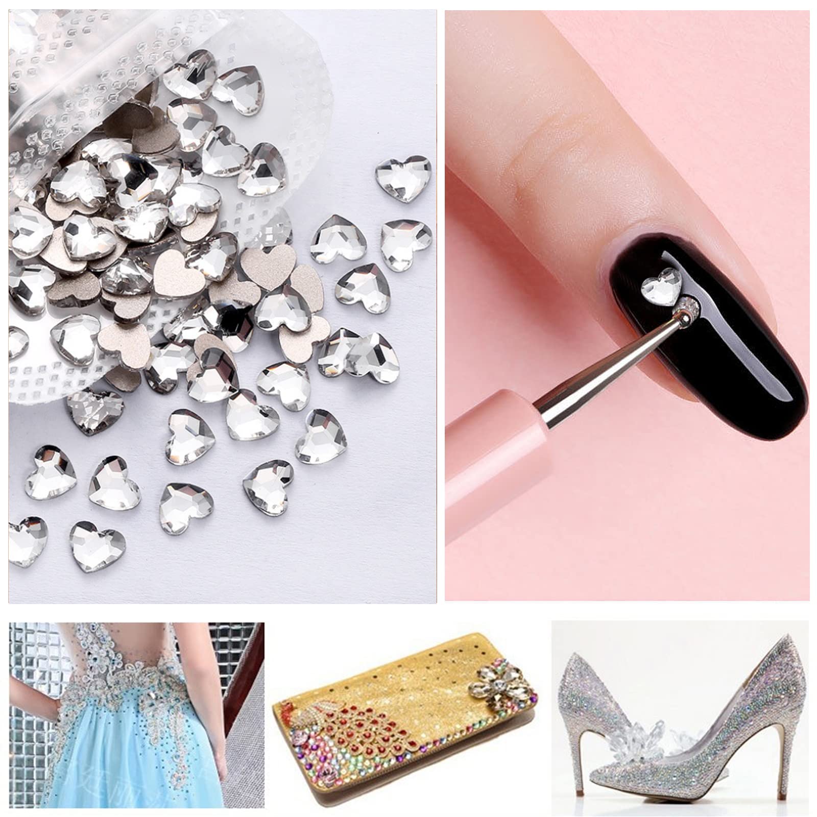 100PCS Heart-Shaped Flat Back Rhinestones for Nail Art - Mixed Size Crystal Glass Gems for DIY Nail Decoration & Crafting - Perfect for Valentine's Day, Bridal, Party Nail Designs (White)