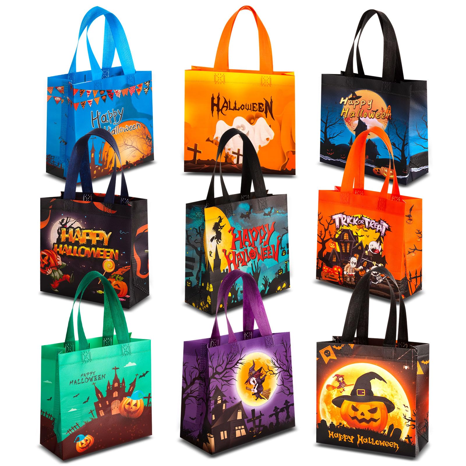 9-Piece Halloween Grab Bags with Handles - Reusable Trick or Treat Bags, Halloween Tote Bags for Kids & Adults, Durable Non-Woven Goodie Bags for Candy, Gifts & Party Favors (7.9