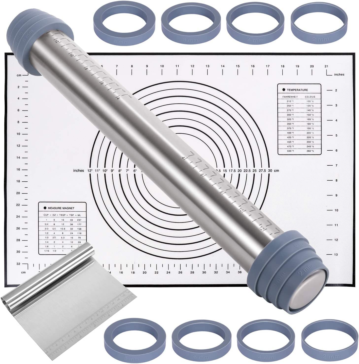 Non-Stick Adjustable Steel Rolling Pin with 8 Discs & Scraper - Premium Silicone Baking Mat for Bread, Cookies, Pastry Dough - Perfect for Home Baking, Pizza Making, and Pastry Preparation