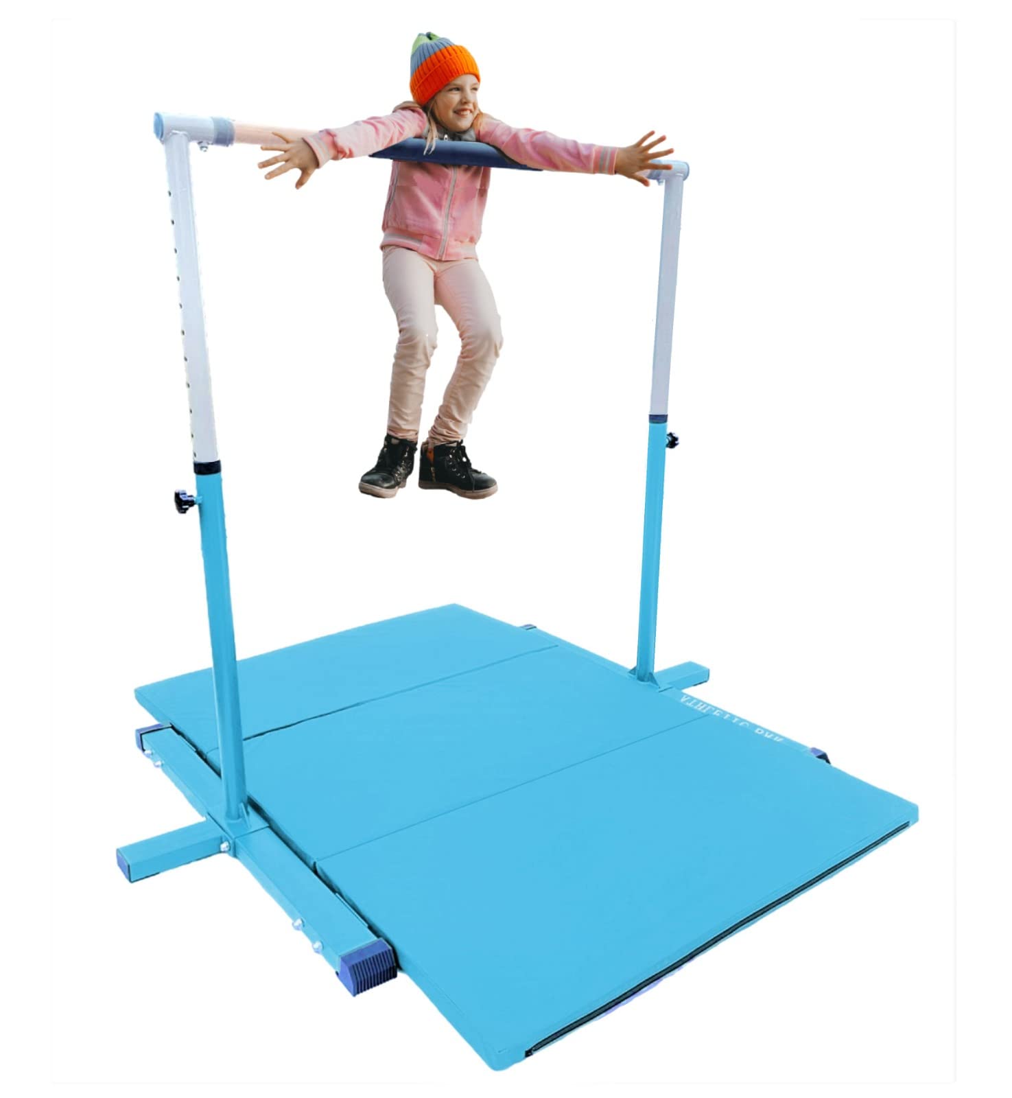 Adjustable Gymnastics Bar for Kids & Adults - 3 to 5 FT Height, with 6'x4' Tumble Mat - Professional Kip Bar for Home Gym Training - Junior Gymnast Equipment for Strength & Flexibility Practice - Perfect for Indoor Workouts, Backyard Training & Gymnastics Skill Development