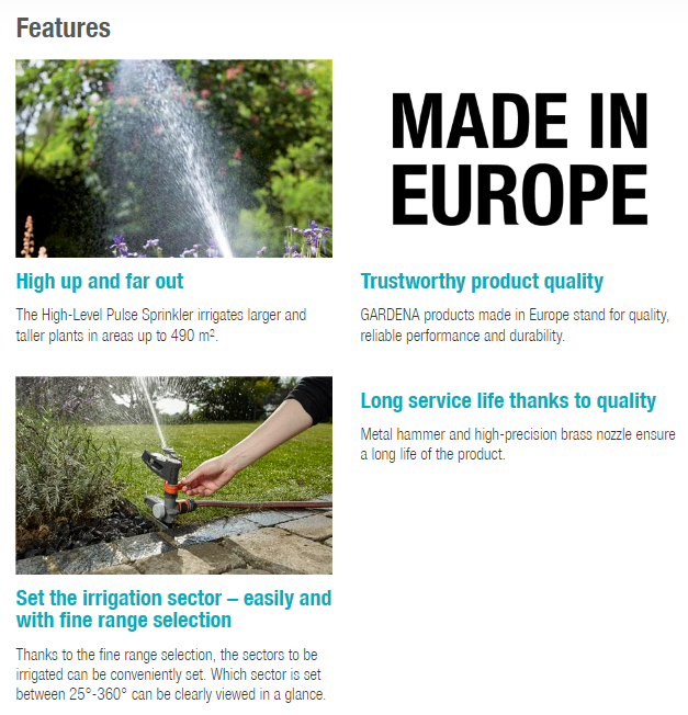 Gardena Premium High Level Pulse Sprinkler 8138-20 - Heavy Duty Lawn & Garden Irrigation for Large Areas | Perfect for Watering Lawns, Gardens & Landscapes
