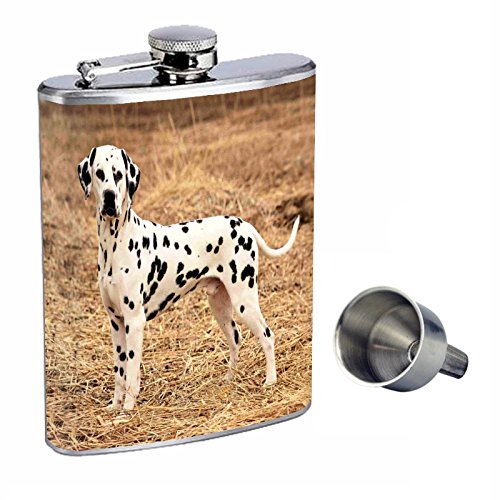 8oz Stainless Steel Dog Dalmatian Whiskey Flask with Free Funnel - Perfect Gift for Men, Camping & Outdoor Adventures