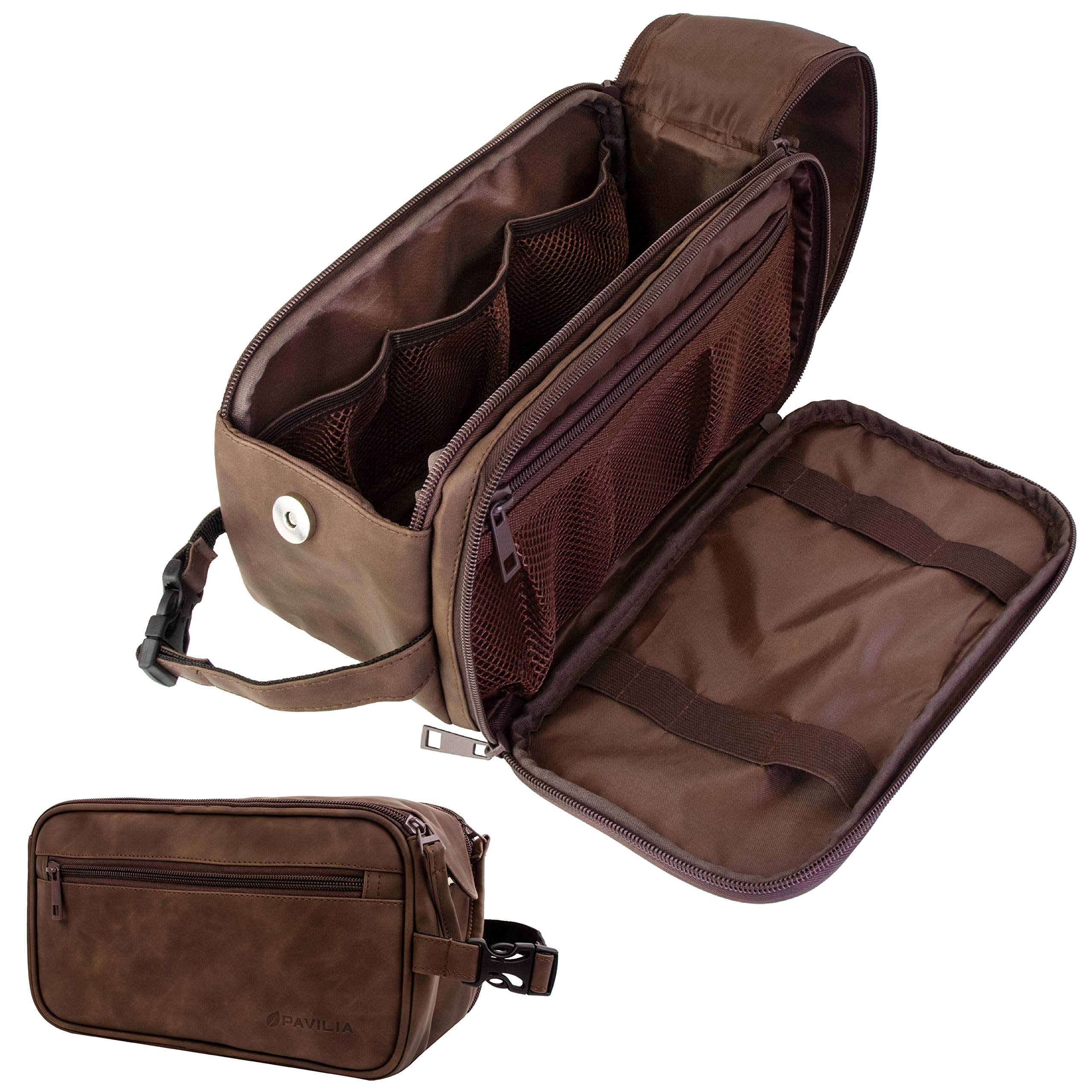 PAVILIA Men's Travel Toiletry Bag - Water Resistant PU Leather Dopp Kit for Shaving & Grooming Essentials - Cosmetic Organizer Pouch for Business Trips, Camping & Vacation (Dark Brown)