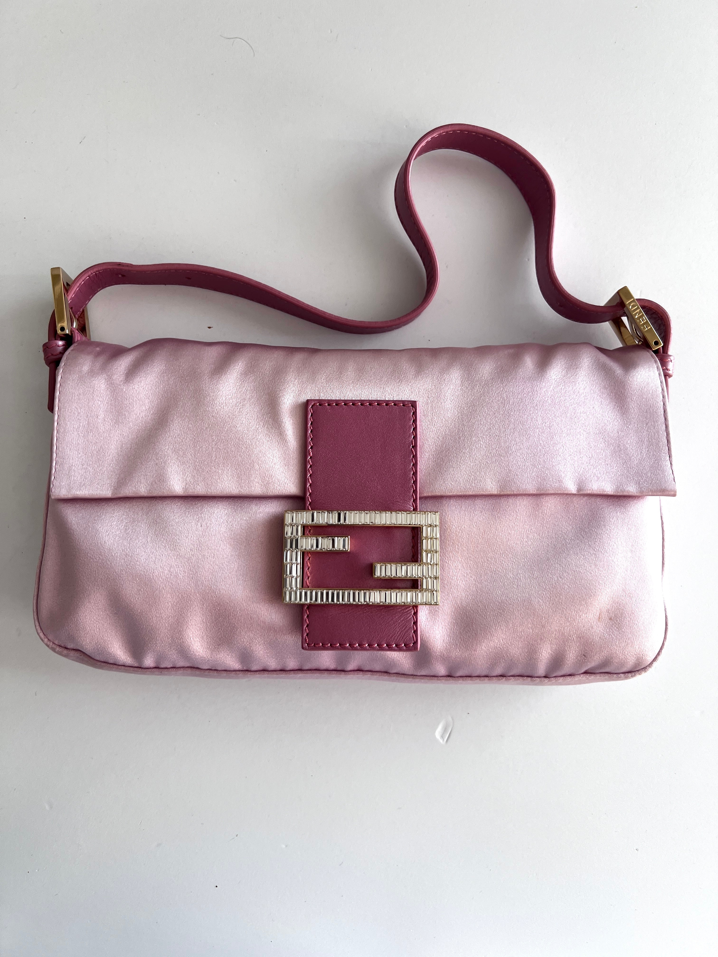 Fendi Pink Satin Baguette Bag for Women - Luxury Designer Crossbody Purse for Parties, Weddings & Evening Events