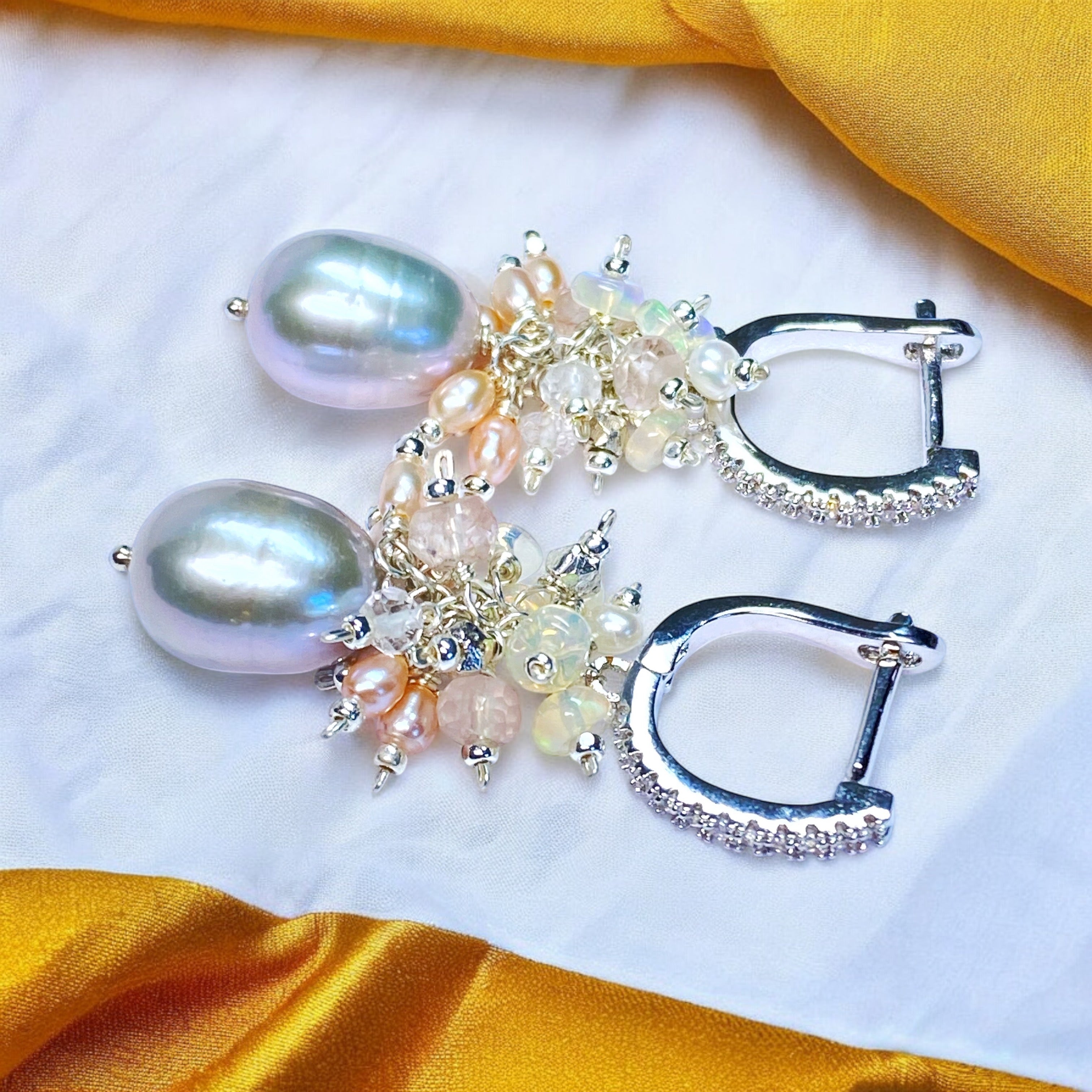 Opal Cluster Sterling Silver Earrings for Women - Elegant Silver Gray Pearl Dangle Earrings | Perfect for Weddings, Parties & Special Occasions