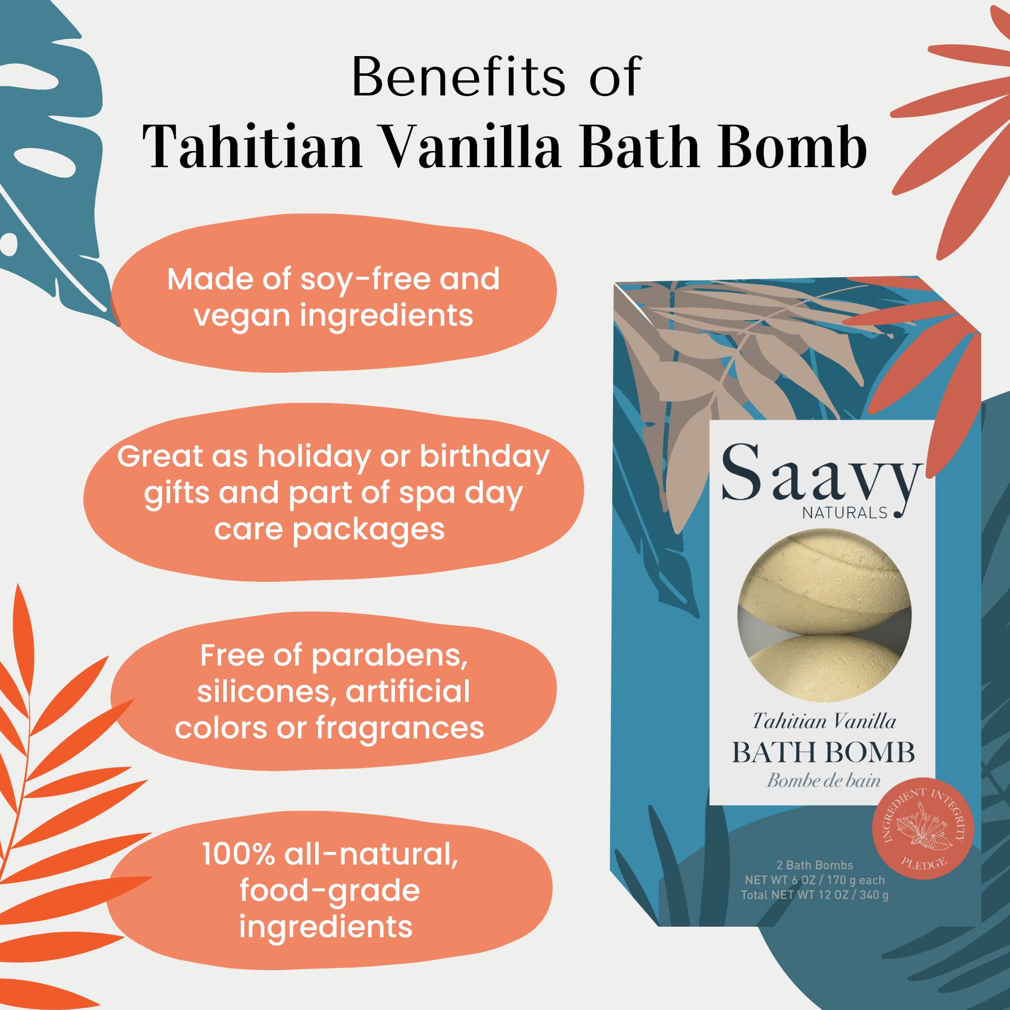 Saavy Naturals Relaxing Tahitian Vanilla Scented Bath Bombs - Moisturizing & Foaming Fizz Bubbles for Women & Kids - 6oz Each (2-Pack) - Perfect for Spa Nights, Self-Care Gifts & Stress Relief