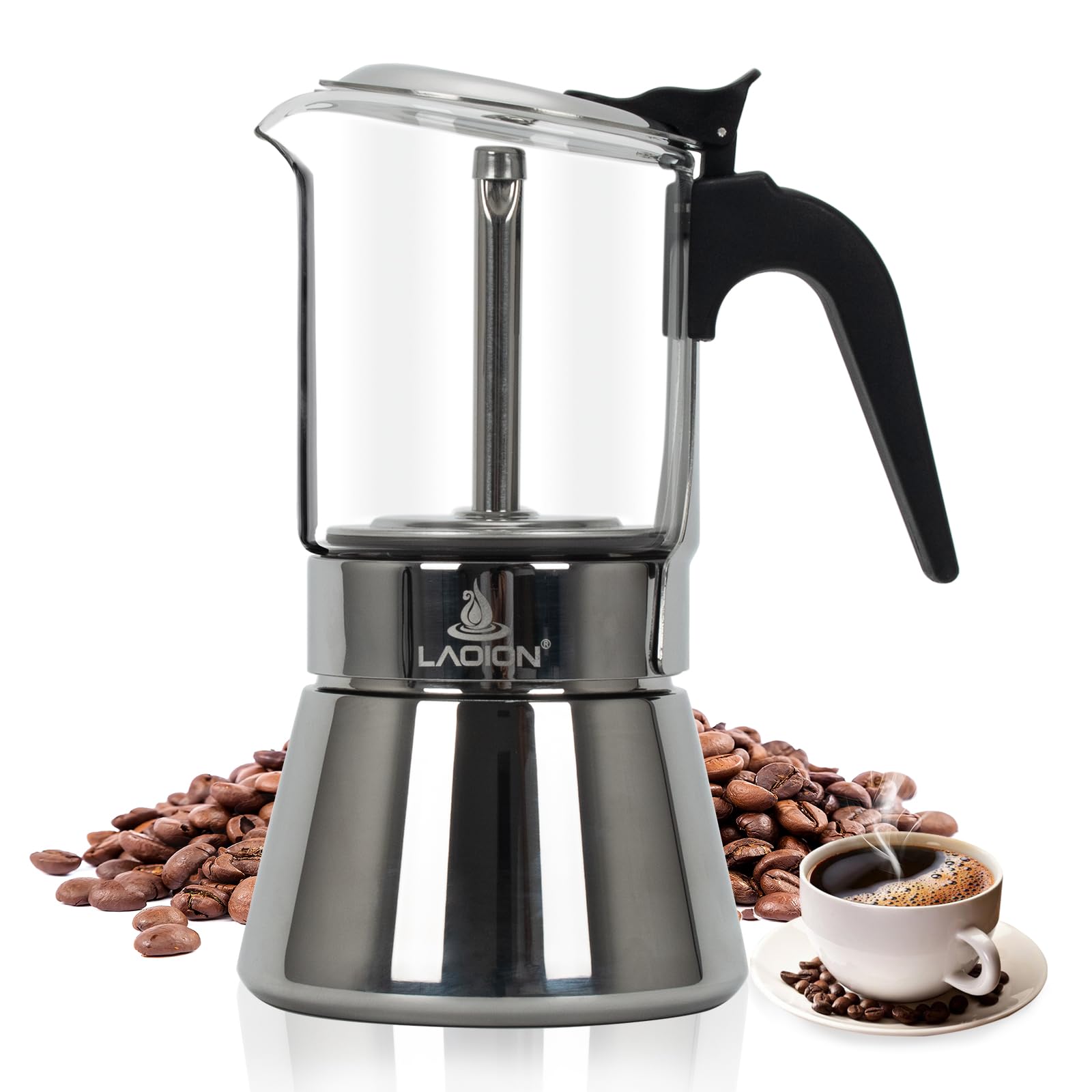 6-Cup 240ml Stovetop Espresso Maker - Classic Moka Pot with Crystal Glass Top & Stainless Steel - Italian Coffee Maker for Cuban, Espresso & Mocha - Perfect for Home Brewing, Camping & Gifts