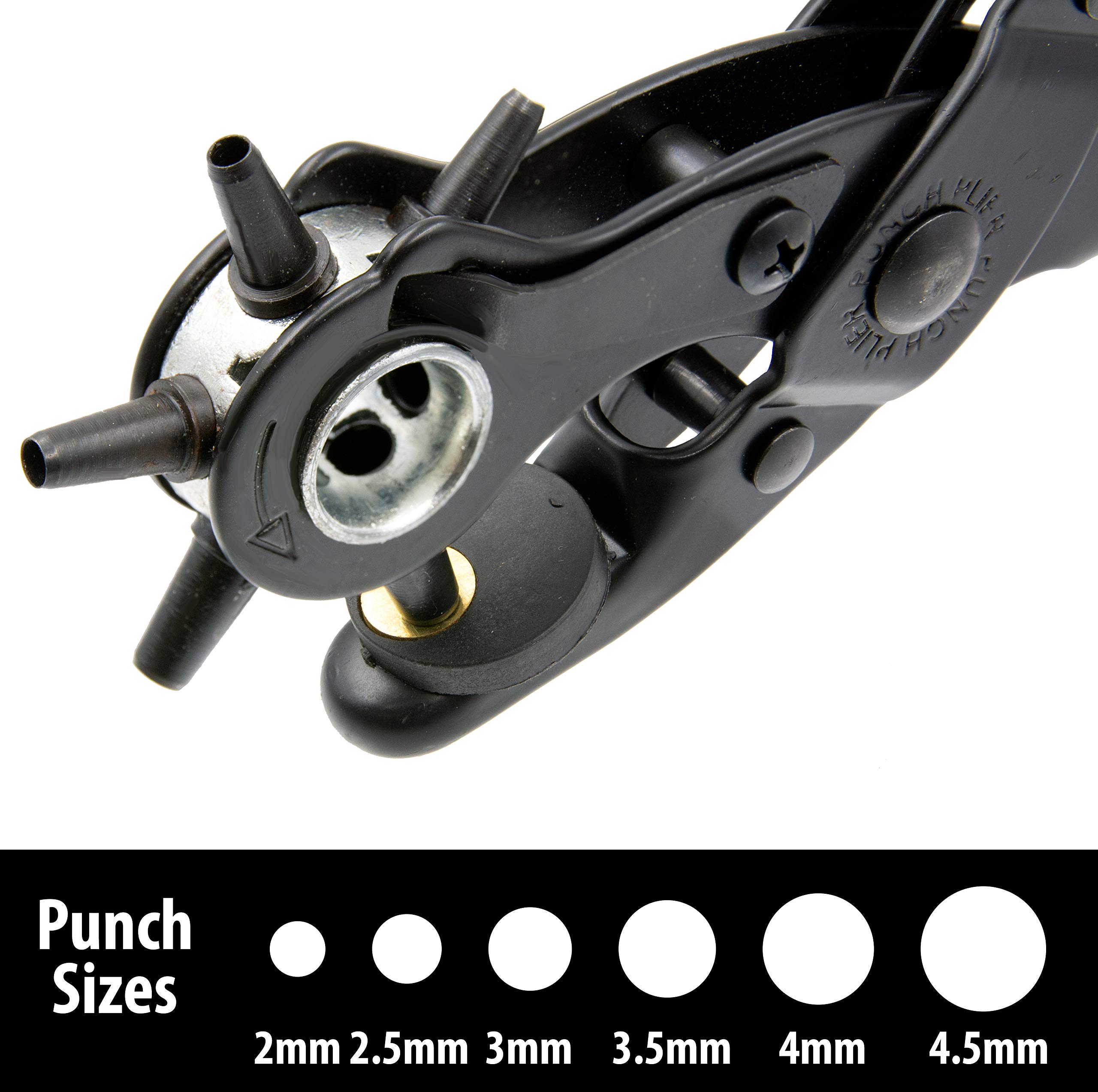 Zega Crafts Revolving Leather Hole Punch Plier Kit - Professional Belt Hole Punch Tool for Leather, Belts, Watches, Vinyl, Plastic & Handbags - Includes 3 Brass Punch Pads & Carborundum Grinding Rod - Perfect for DIY Leather Crafting, Watch Strap Adjustment & Belt Repair