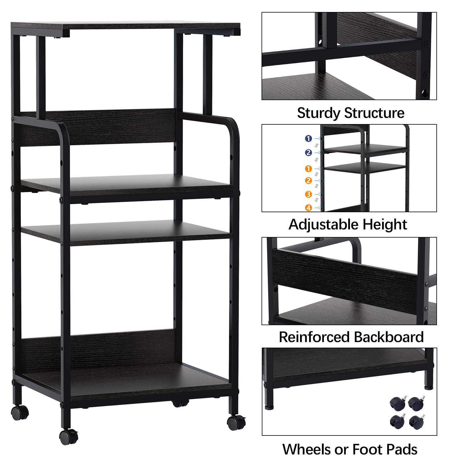 4 Tier Printer Stand with Storage Shelf - Large Mobile Printer Cart with Wheels for Home Office - Adjustable Printer Table for Heat Press, Scanner & Fax - Black (Perfect for Small Spaces & Office Organization)