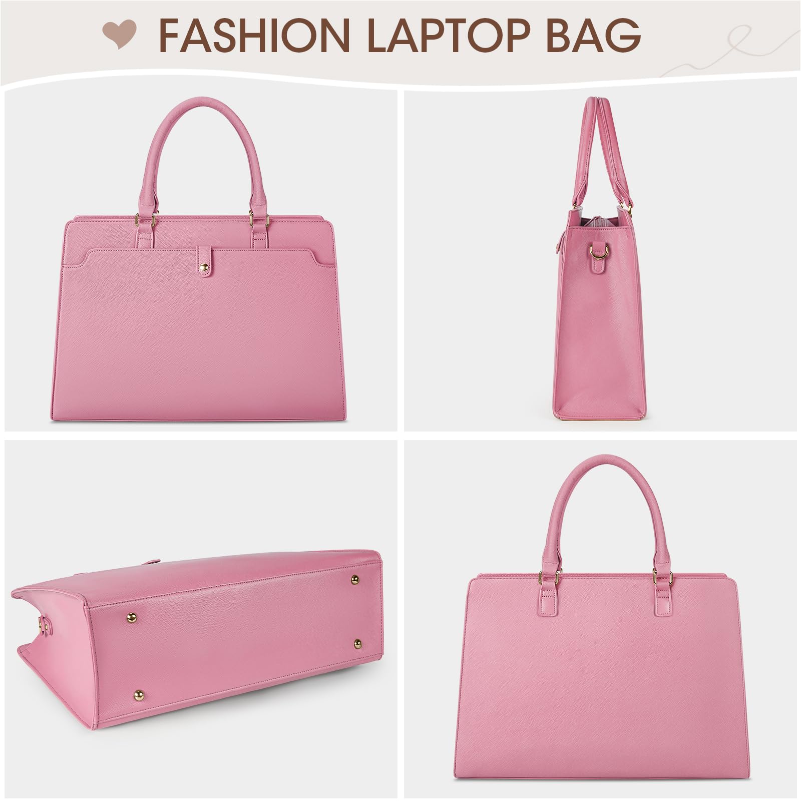 RAINSMORE 15.6 Inch Leather Laptop Tote Bag for Women - Waterproof Work Briefcase, Large Capacity Business Office Computer Bag, Pink Shoulder Handbag for Professionals and Students