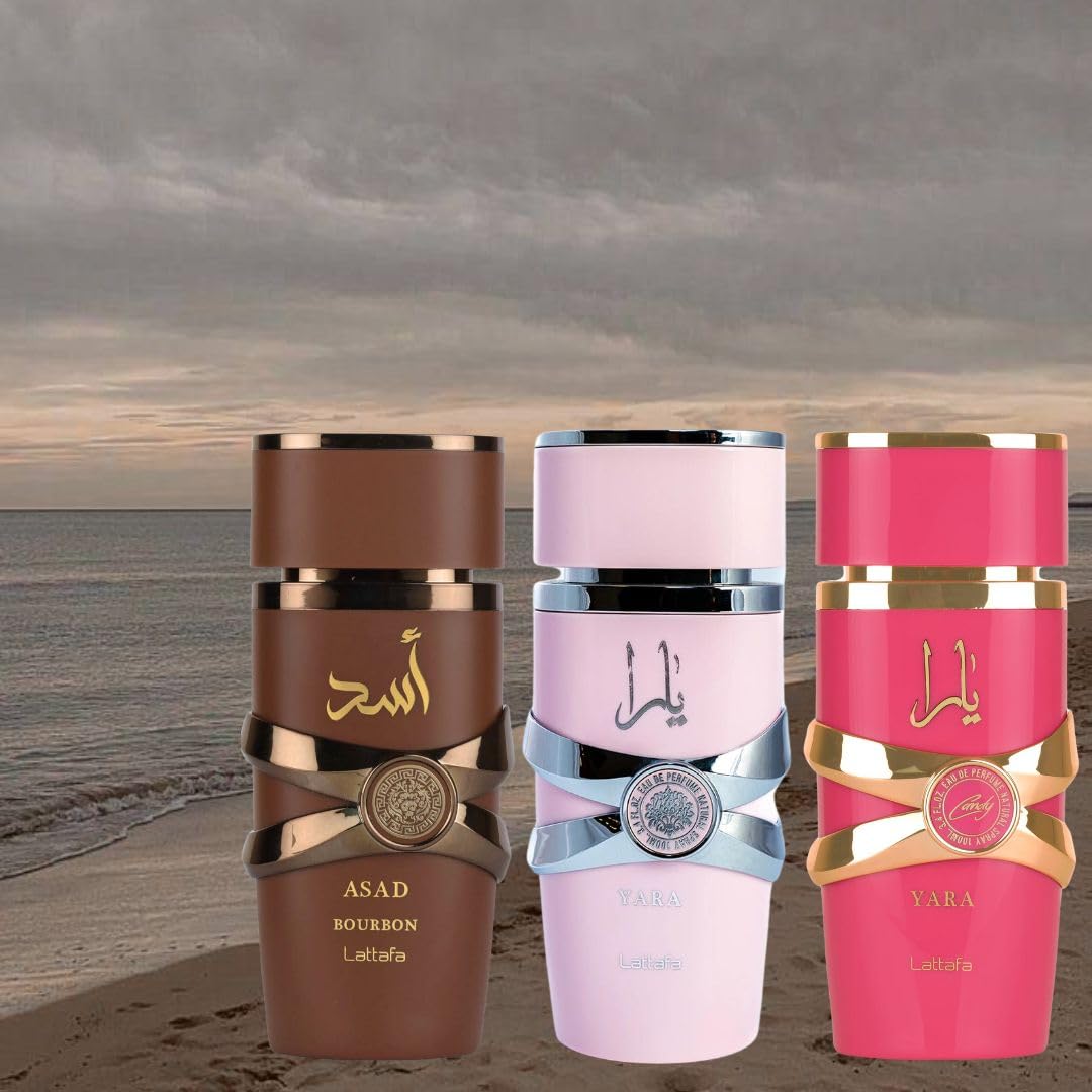 LATTAFA Yara, Yara Candy & Asad Bourbon EDP Perfume Spray Trio Set - 100ml (3.4oz) Sweet Fruity Floral Fragrances for Women, Long Lasting Luxury Scent Gift Set - Perfect for Date Night, Parties & Special Occasions