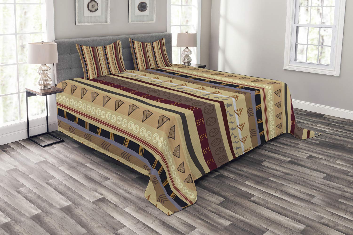 Ambesonne Tribal King Size Bedspread Set - 3 Piece Decorative Bedding Coverlet with 2 Pillow Shams, Striped Wavy Pattern & Geometric Abstract Design, Multicolor - Perfect for Bohemian & Eclectic Bedroom Decor