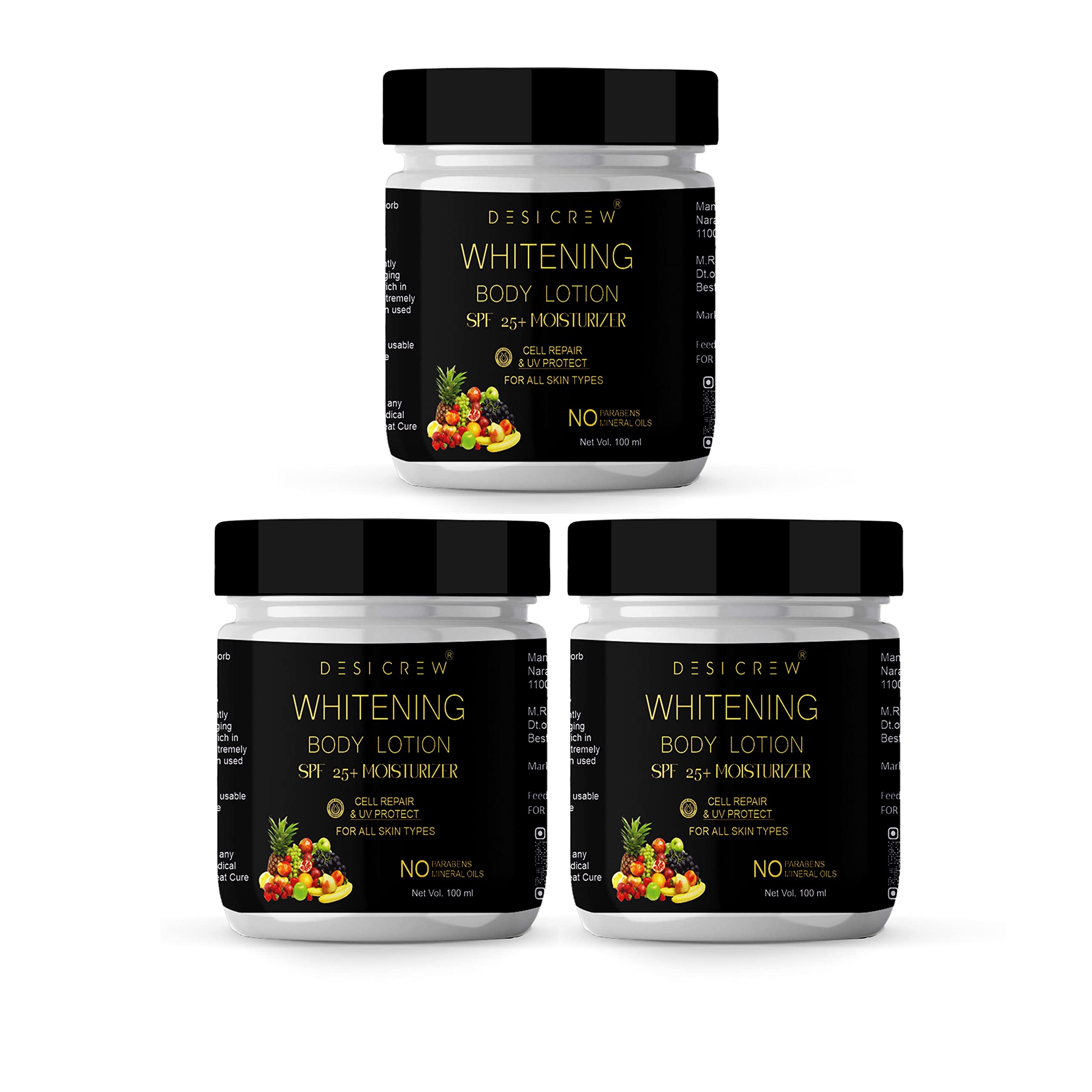 Desi Crew Whitening Body Lotion SPF 15+ Moisturizer for Face, Hands & Body - Fairness Cream with Sun Protection (Pack of 3 x 300ml Jars) - Daily Hydration for Dry Skin & Sun Care Routine