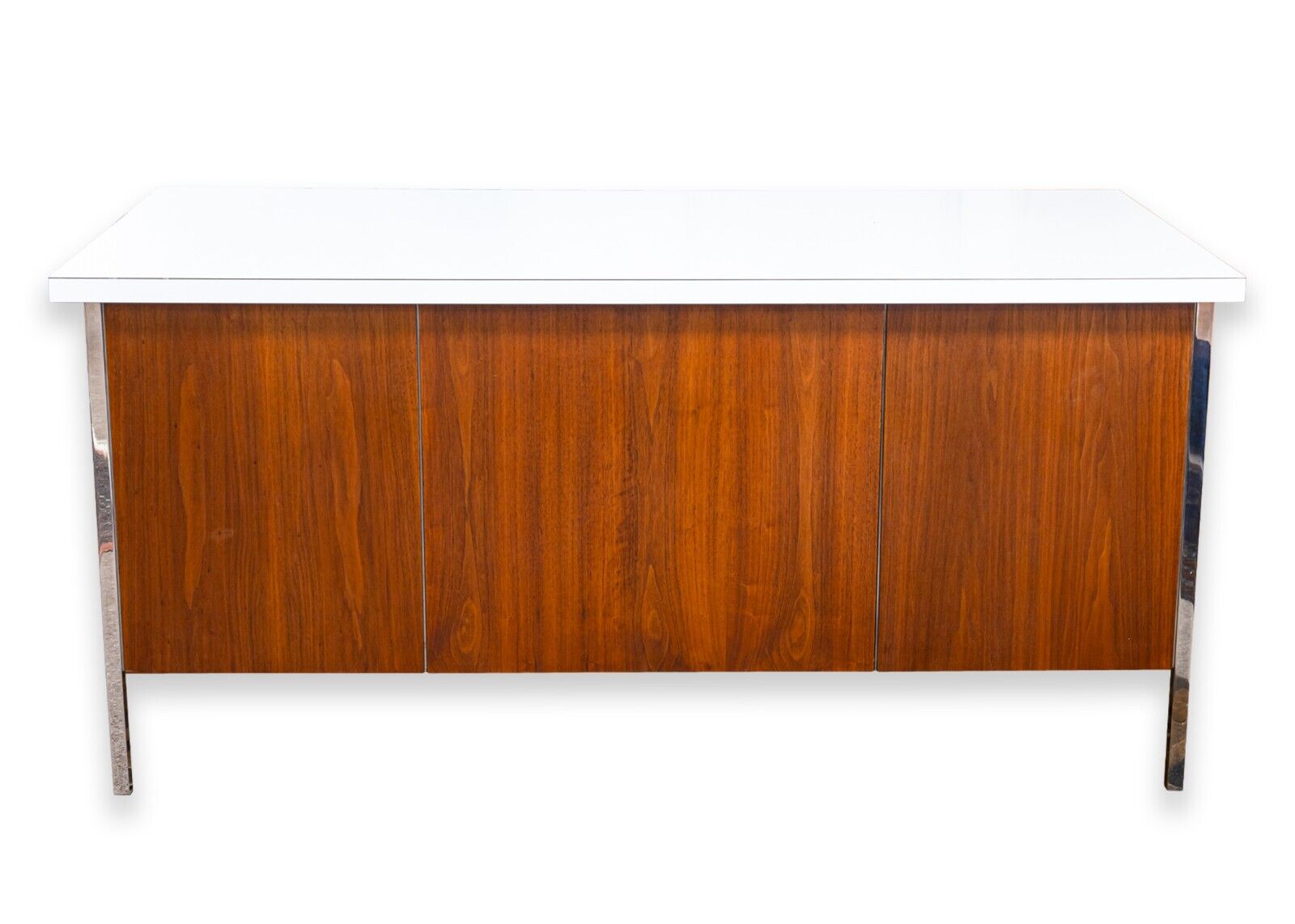 Vintage Mid Century Modern Walnut Double Pedestal Desk with White Laminate Top - Home Office Furniture for Professionals & Remote Workers