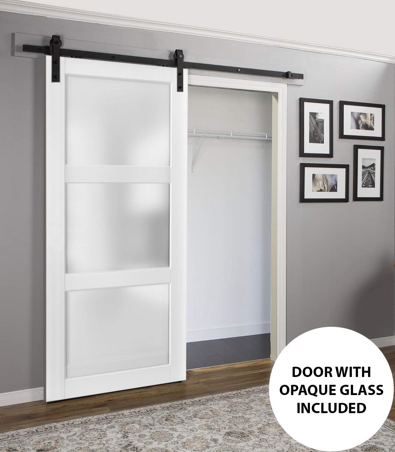 Lucia 2552 Matte White Frosted Glass Barn Door - 18 x 96 Inches Solid Panel Interior Door with Top Mount 6.6FT Rail & Heavy Duty Hardware Set | Perfect for Bedroom, Bathroom, Closet, and Office Sliding Doors