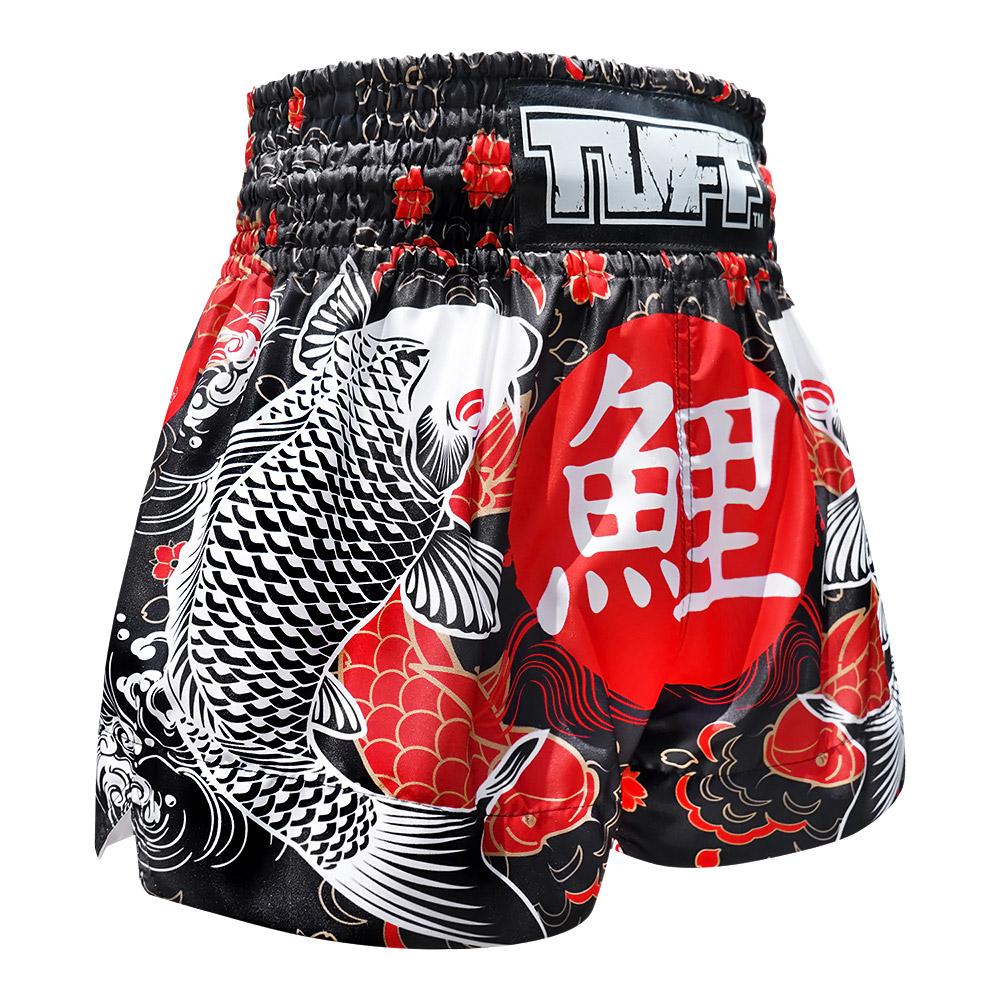 Premium Tuff Muay Thai Shorts - Japanese Koi Black/Red Design for MMA, Kickboxing & Training - Durable & Comfortable Fightwear