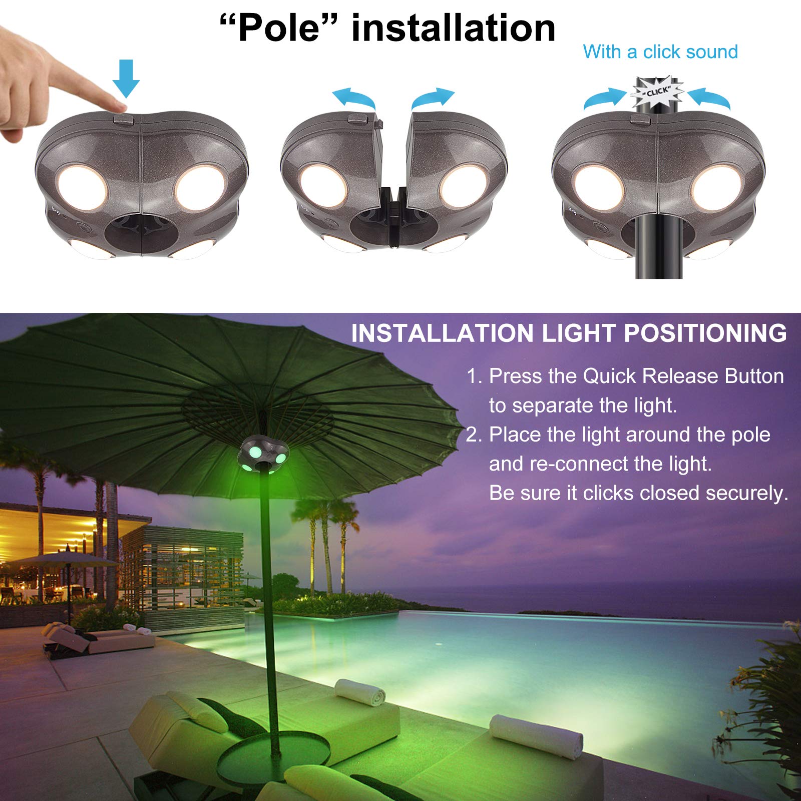 BIGMONAT Battery Operated Patio Umbrella Light with Remote - Outdoor Table Umbrella Pole Light, Wireless Color Changing Camping Tent Lights, Dimmable 250 Lumens for Backyard, Deck, Garden & Outdoor Dining