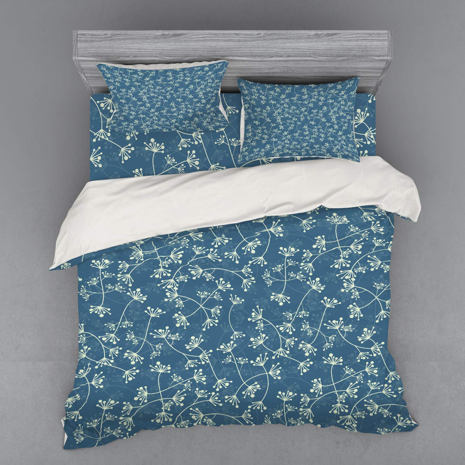 Ambesonne Floral Duvet Cover Set King Size - 4 Piece Nature Inspired Twiggy Plants Petals Spring Design Bedding Set with Shams & Fitted Sheet in Pale Green Slate Blue - Perfect for Master Bedroom, Guest Room & Spring Home Decor