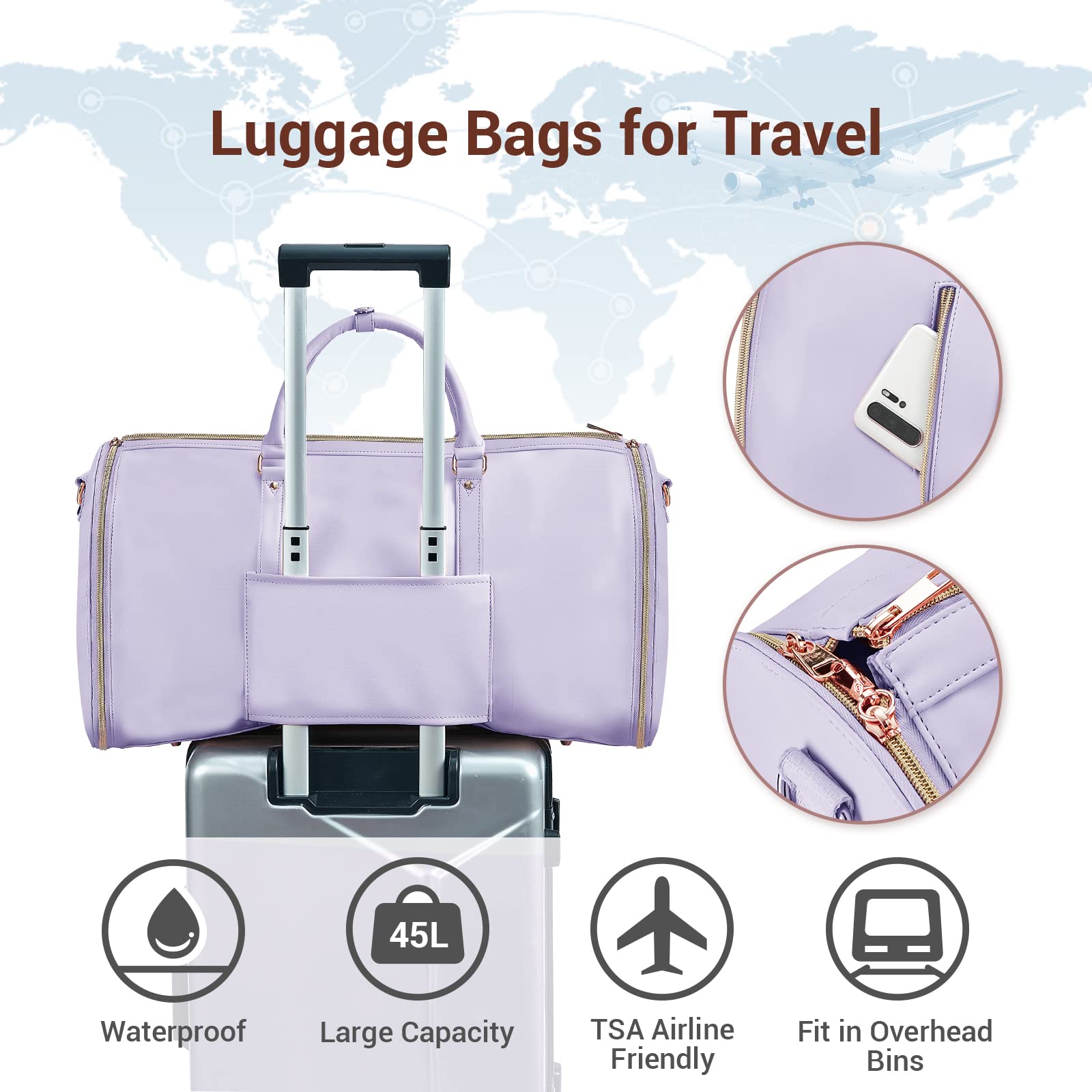 Women's Convertible 2-in-1 Travel Garment Bag - Foldable PU Suitcase with Hanging Clothes Organizer, Toiletry Pocket & Shoe Compartment (Purple) | Perfect for Business Trips, Weddings & Weekend Getaways
