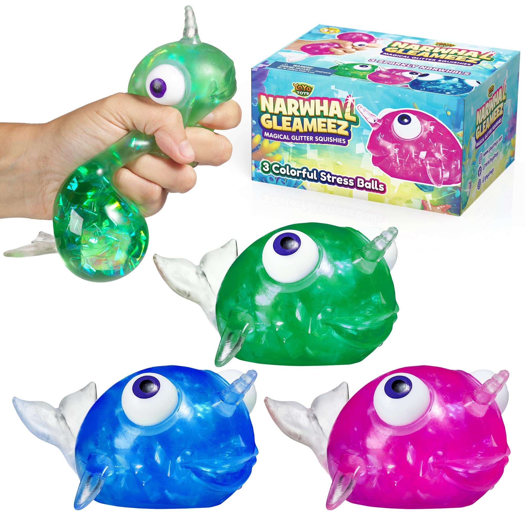 YoYa Toys Gleameez Narwhal Stress Ball Fidget Toy - Glittery Sparkling Squeeze Toy for Anxiety Relief & Stress Management | Occupational Therapy Sensory Toys for Kids & Adults | Colorful Squishy Ball Set (3 Pack) - Perfect for Office, Classroom, Travel & Home Relaxation